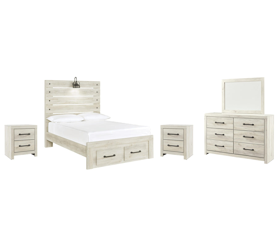 Cambeck Panel Bed with 2 Storage Drawers with Mirrored Dresser and 2 Nightstands