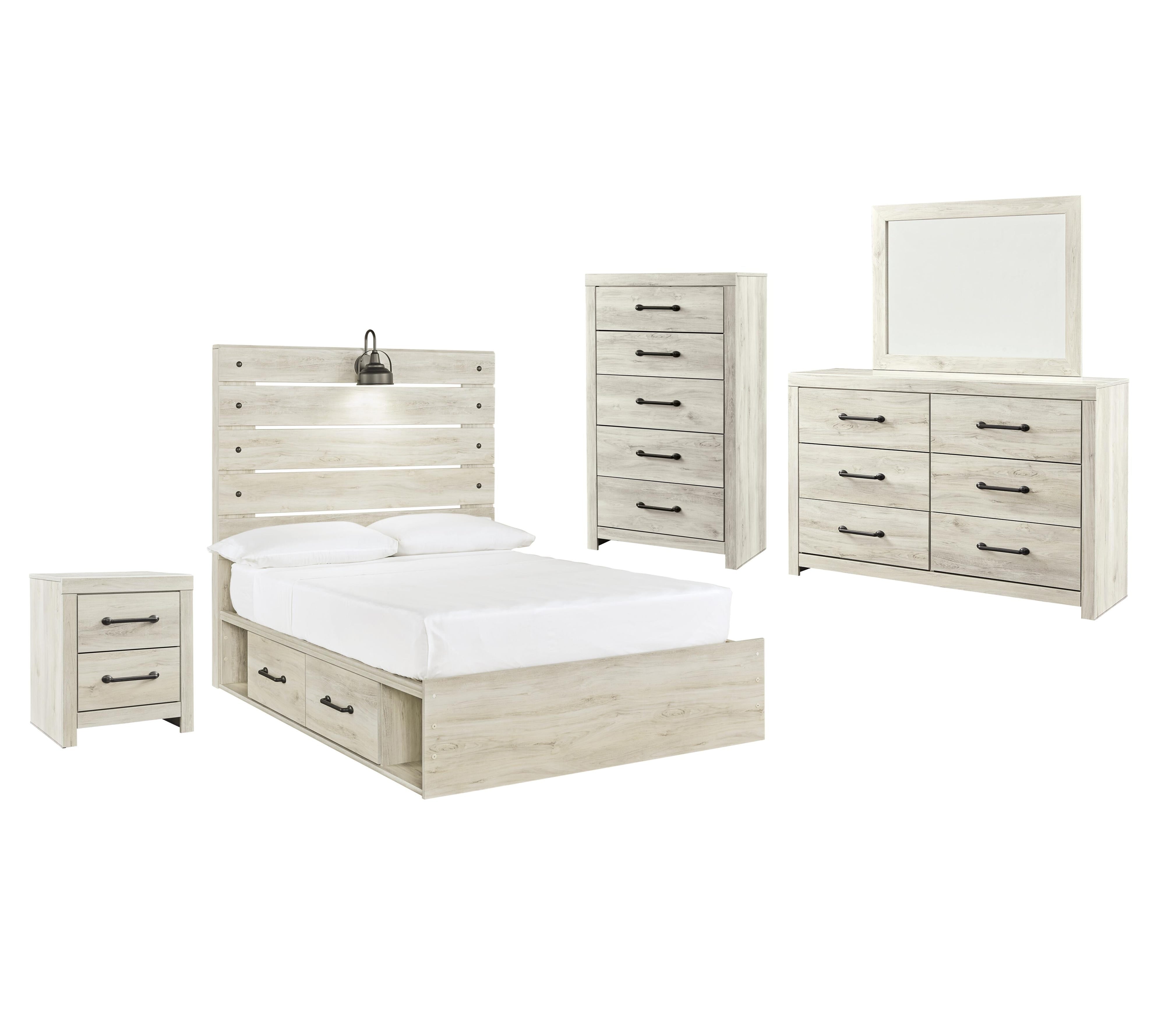 Cambeck Panel Bed with 4 Storage Drawers with Mirrored Dresser, Chest and Nightstand