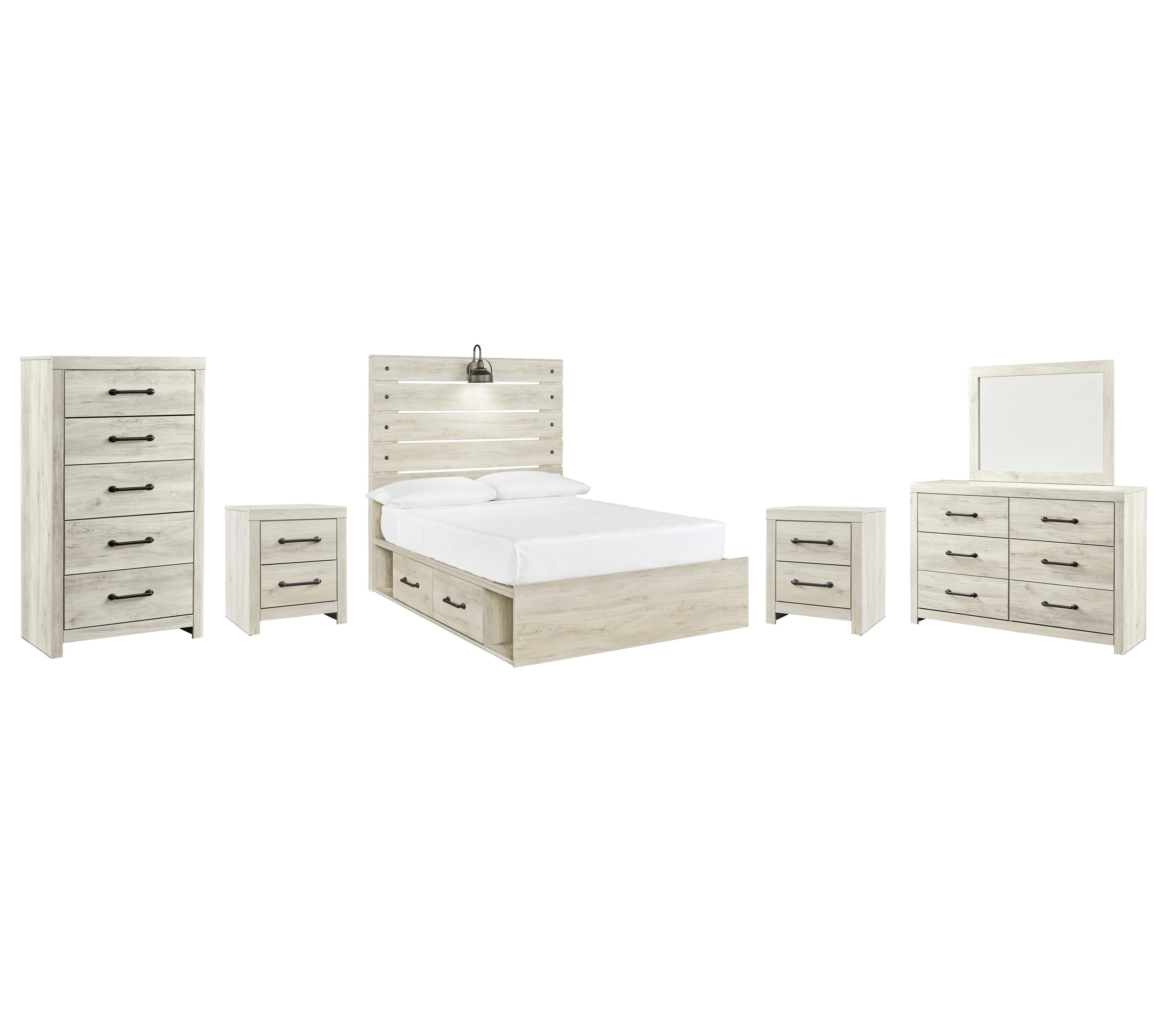 Cambeck Panel Bed with 4 Storage Drawers with Mirrored Dresser, Chest and 2 Nightstands