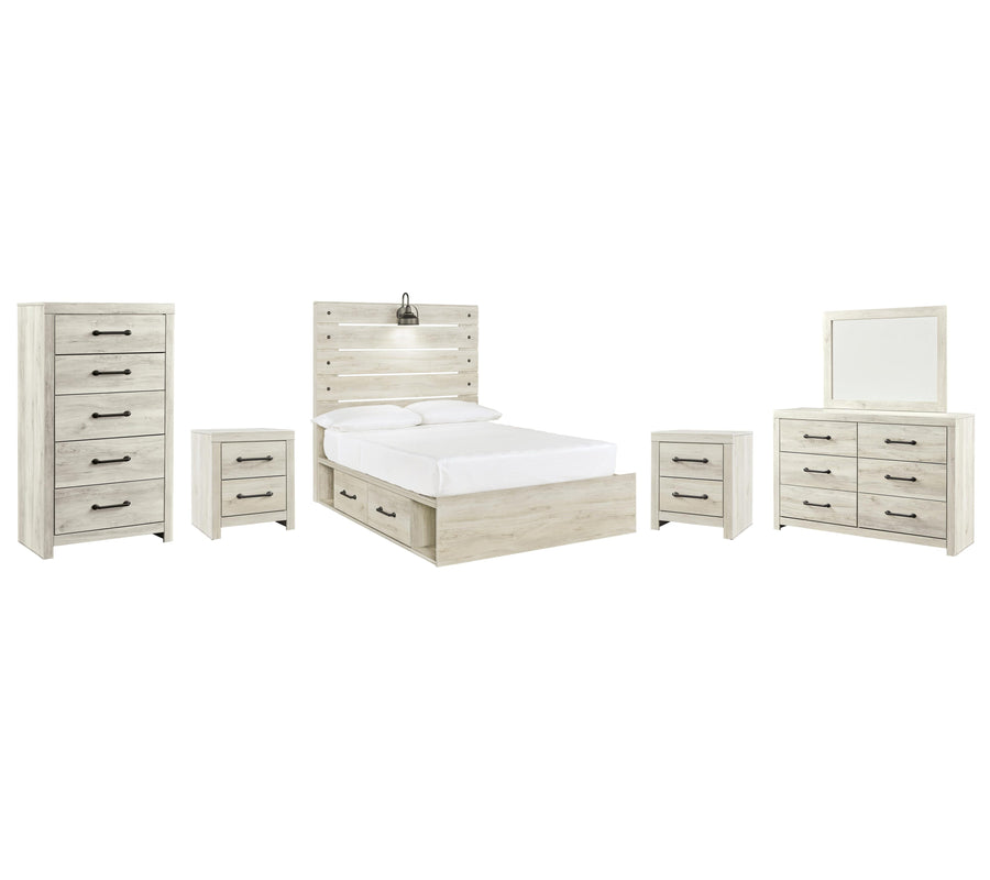 Cambeck Panel Bed with 4 Storage Drawers with Mirrored Dresser, Chest and 2 Nightstands