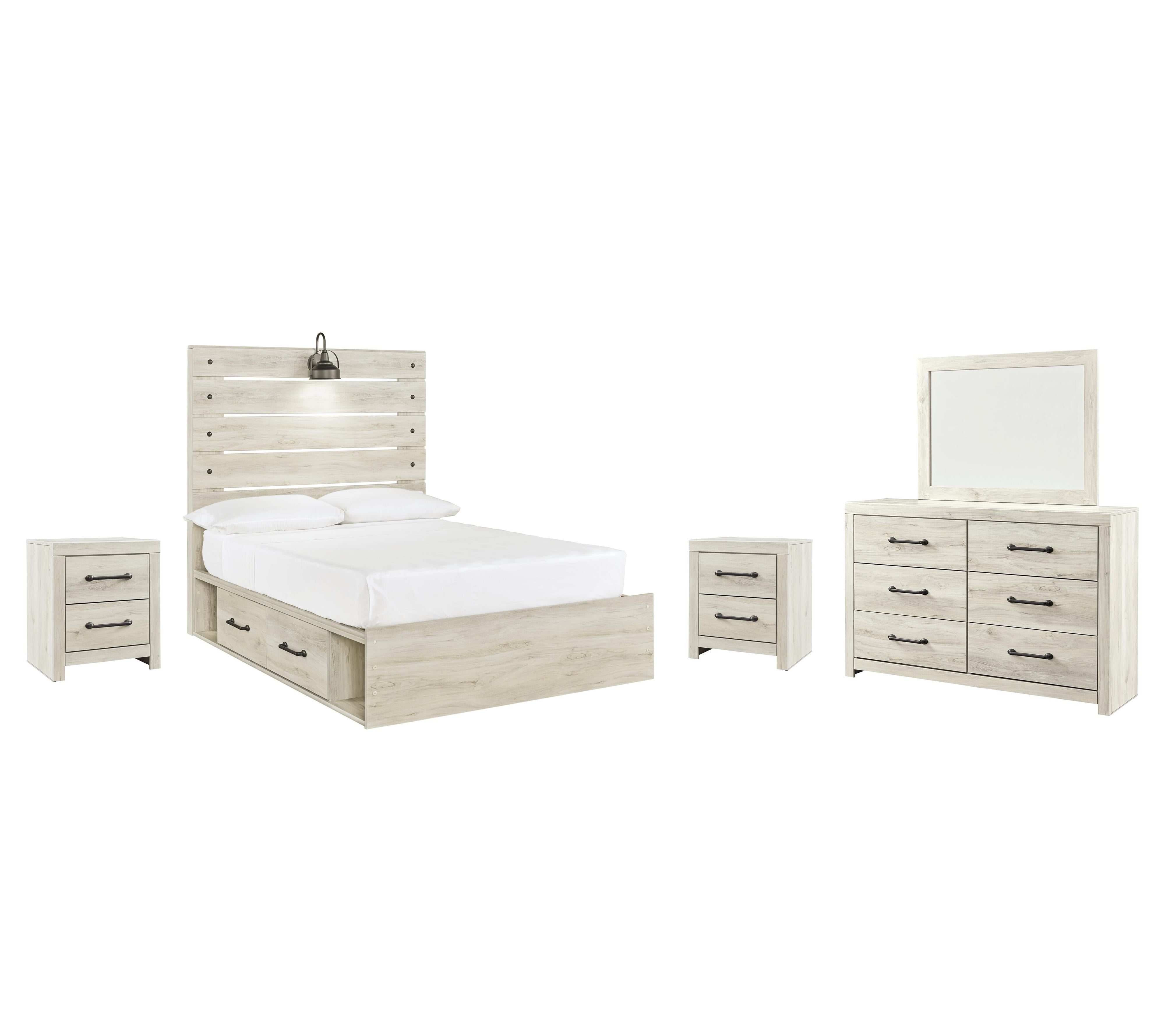 Cambeck Panel Bed with 4 Storage Drawers with Mirrored Dresser and 2 Nightstands