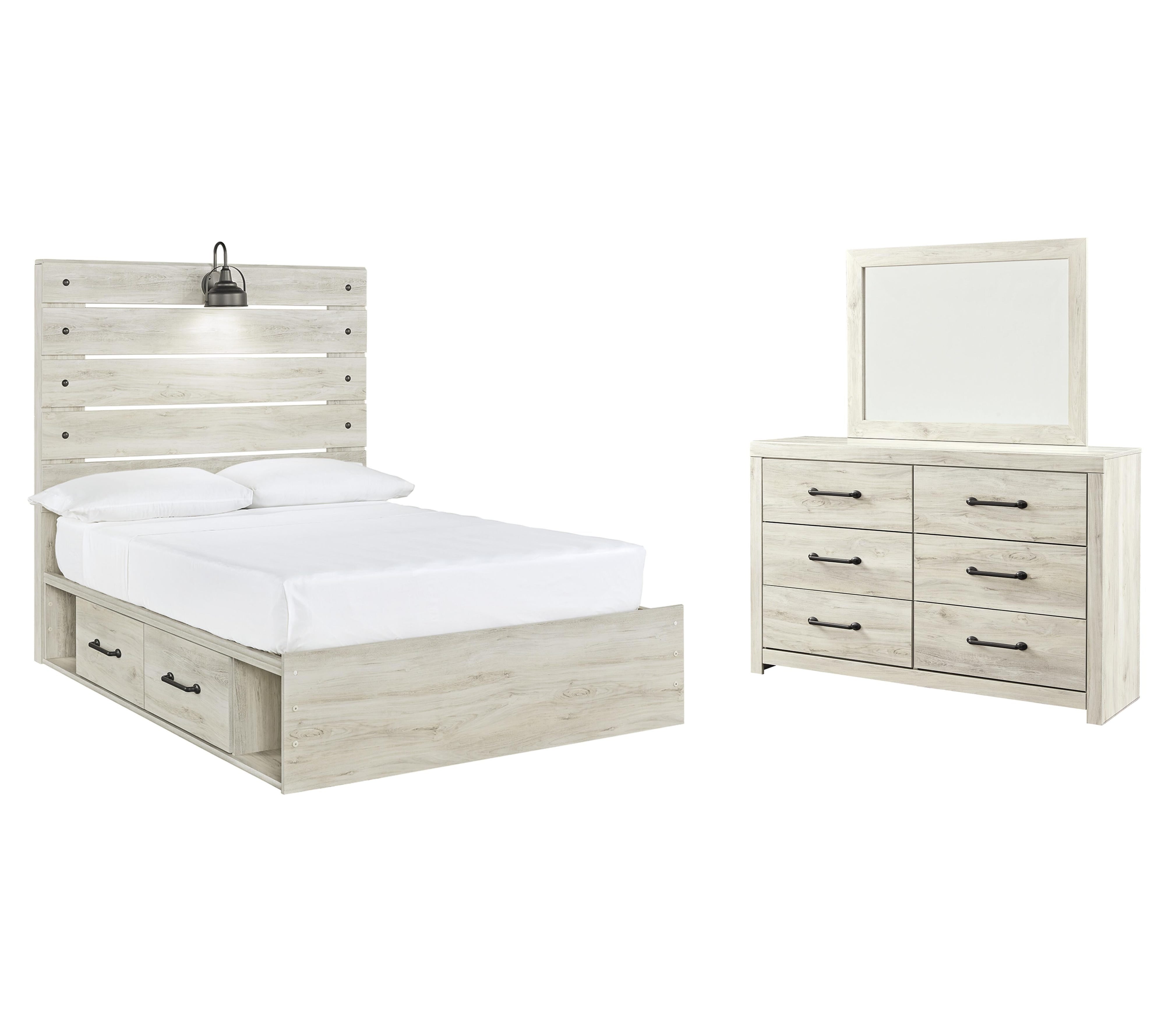 Cambeck Panel Bed with 4 Storage Drawers with Mirrored Dresser