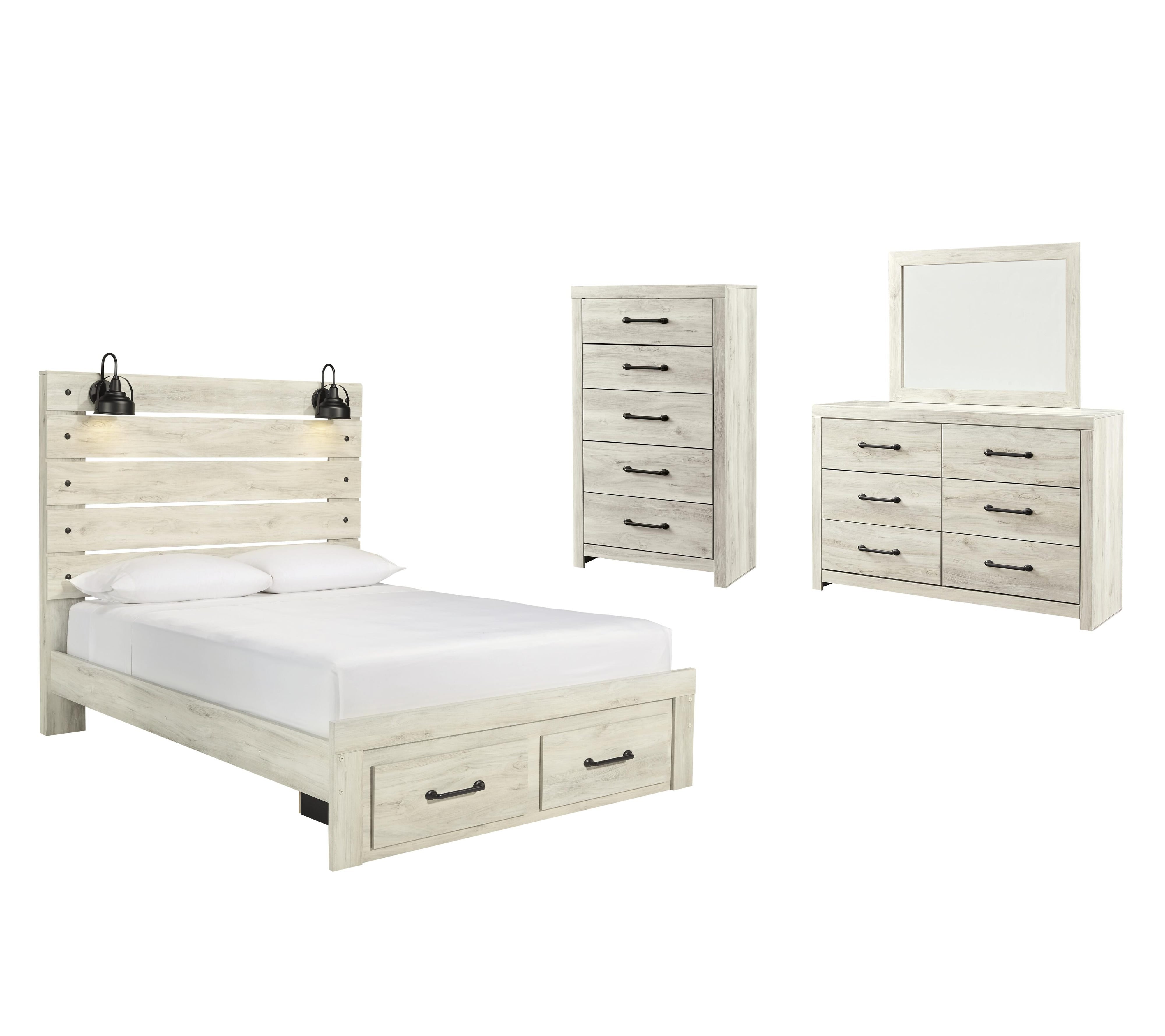 Cambeck Panel Bed with 2 Storage Drawers with Mirrored Dresser and Chest