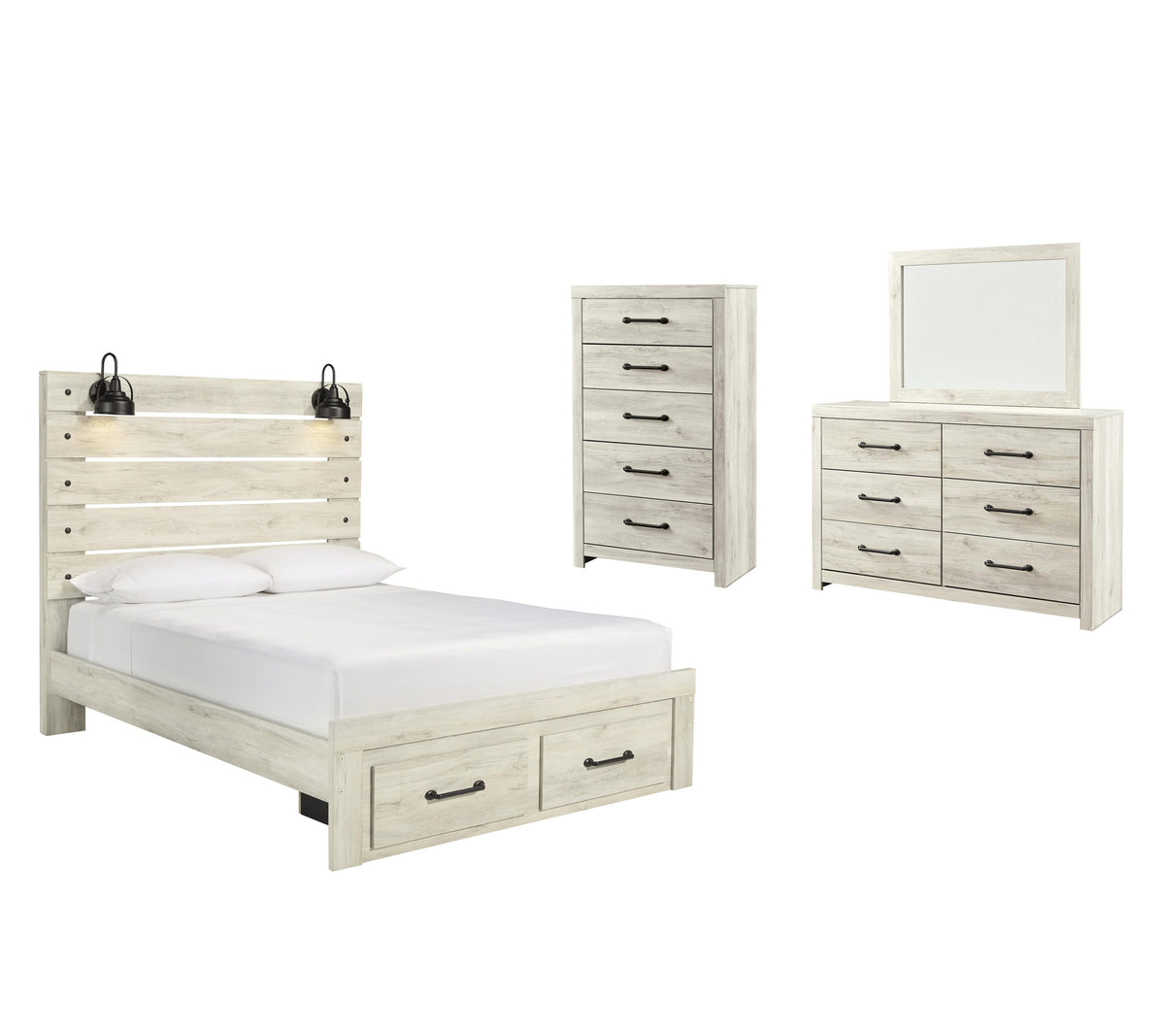 Averly Panel Bed with 2 Storage Drawers with Mirrored Dresser and Chest