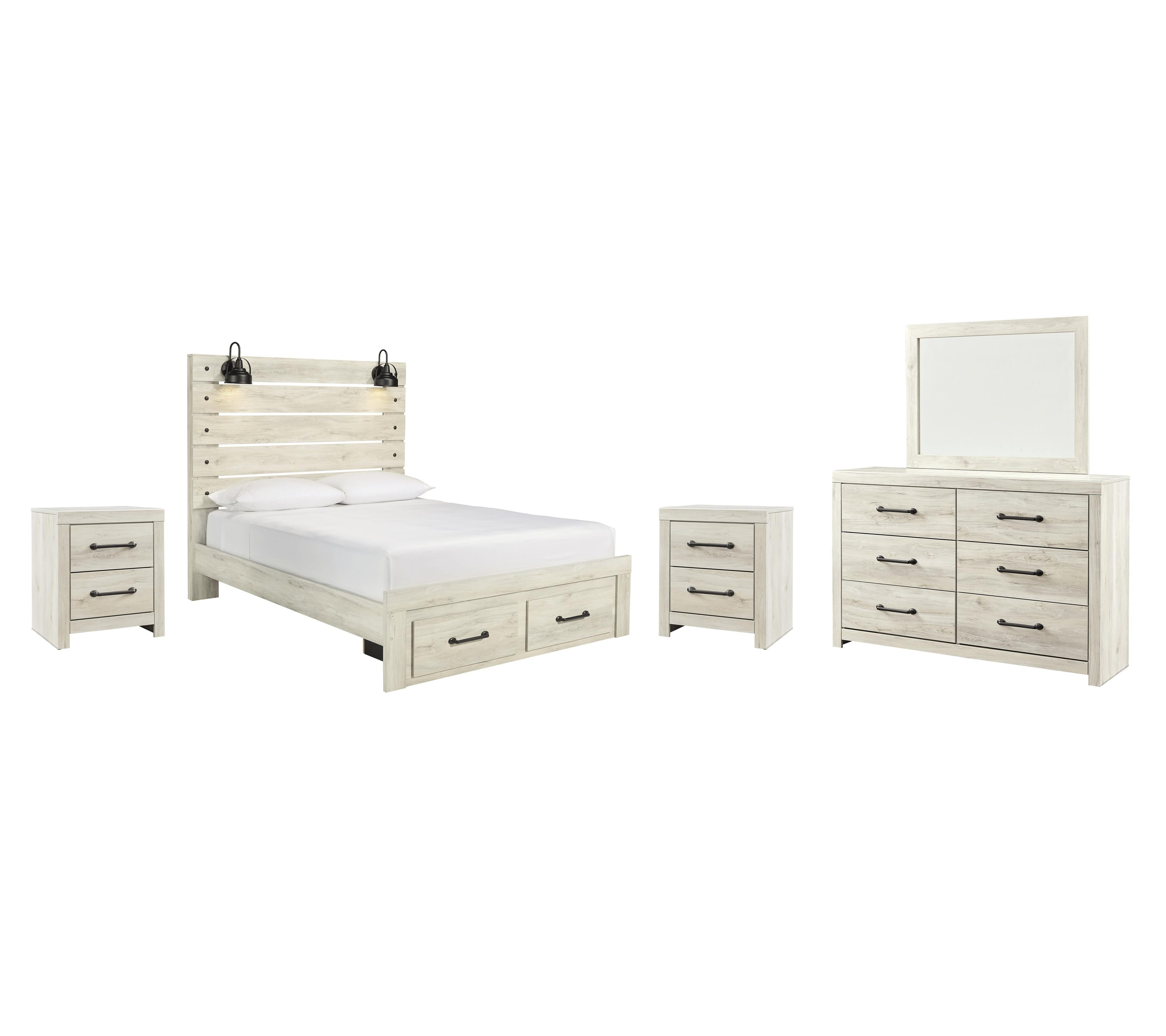 Cambeck Panel Bed with 2 Storage Drawers with Mirrored Dresser and 2 Nightstands