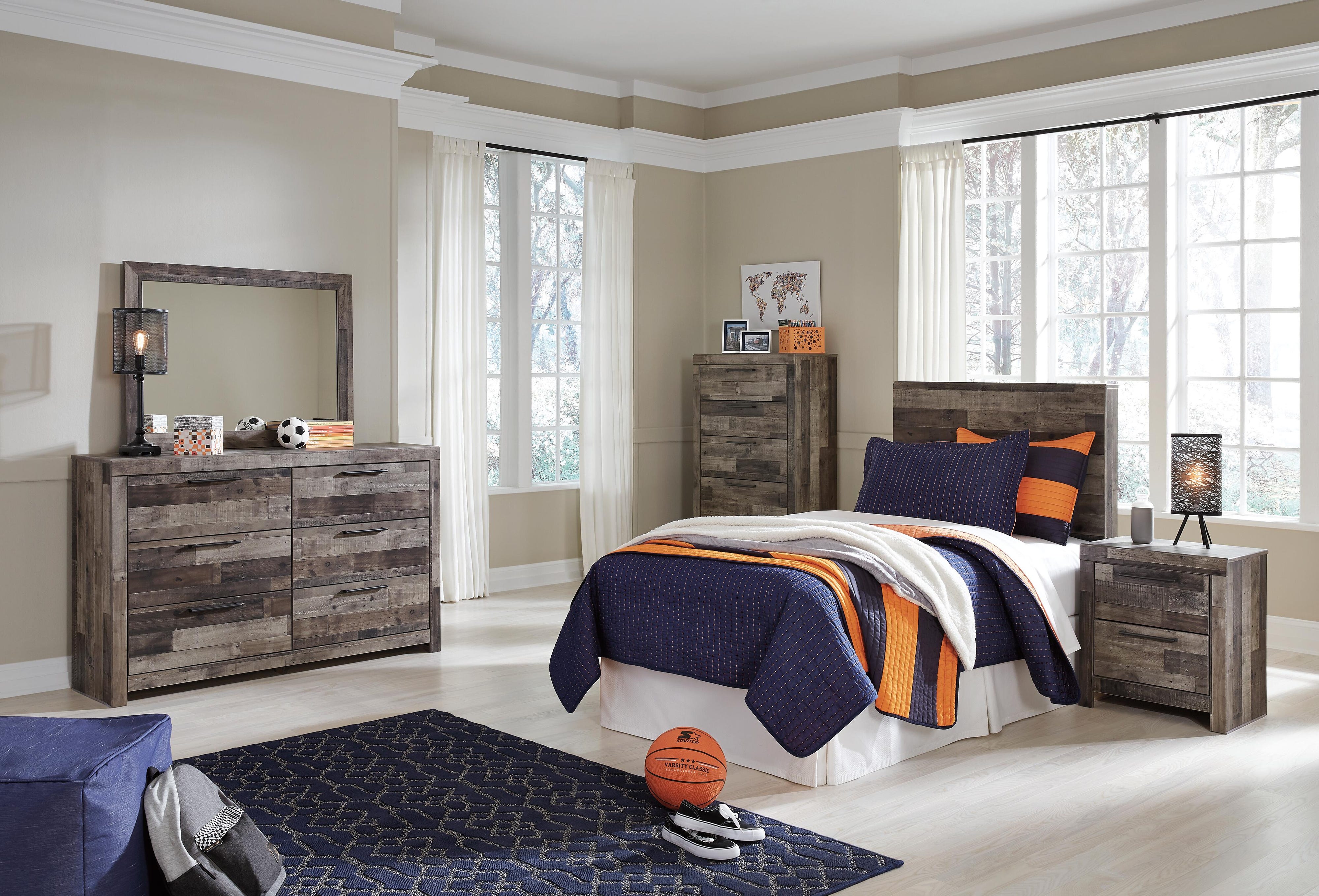 Derekson Panel Headboard with Mirrored Dresser, Chest and Nightstand