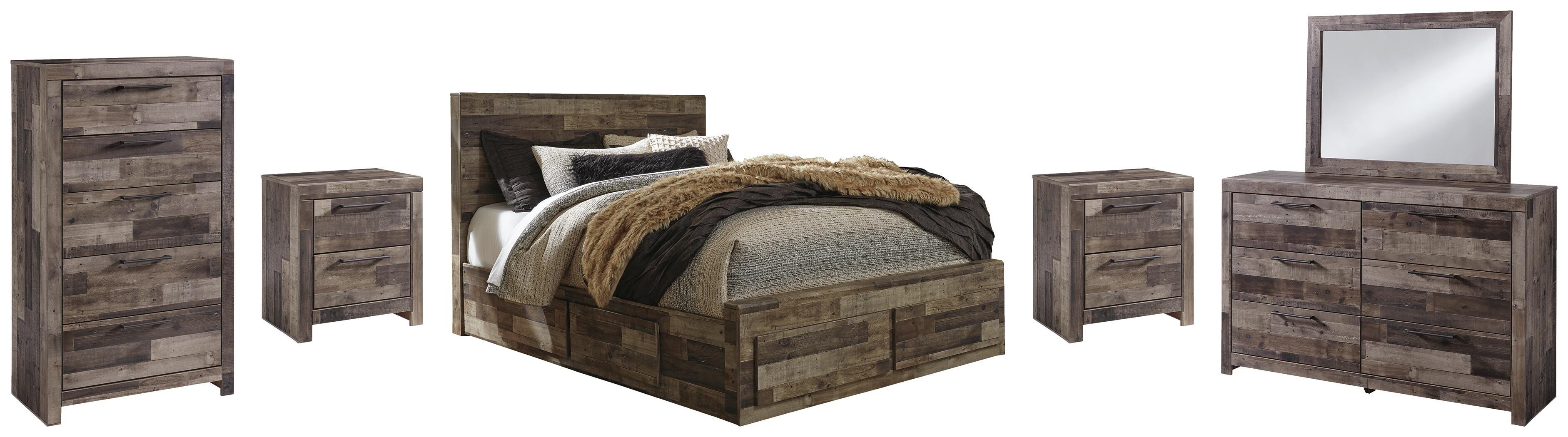 Derekson Panel Bed with 4 Storage Drawers with Mirrored Dresser, Chest and 2 Nightstands