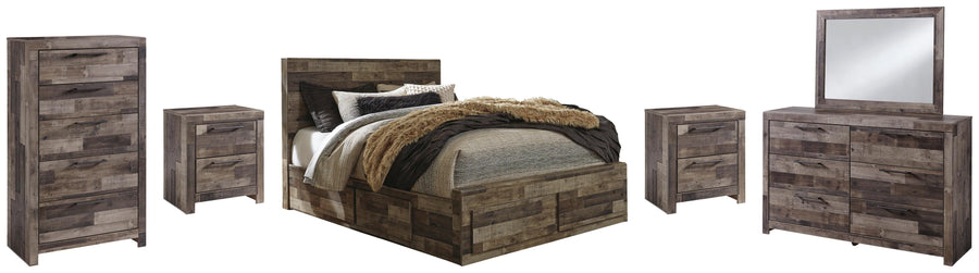 Derekson Panel Bed with 4 Storage Drawers with Mirrored Dresser, Chest and 2 Nightstands