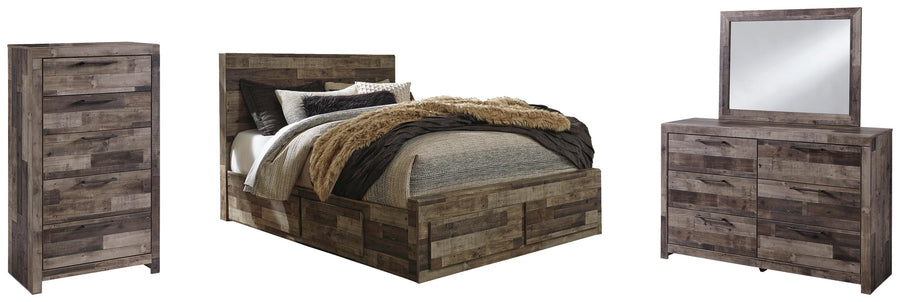 Derekson Panel Bed with 4 Storage Drawers with Mirrored Dresser and Chest