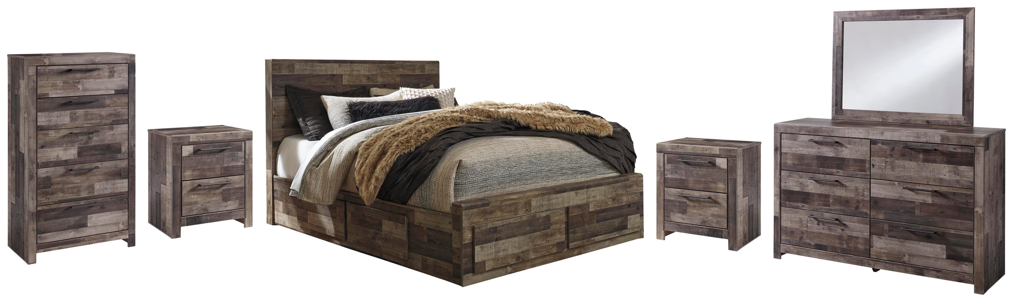Derekson Panel Bed with 6 Storage Drawers with Mirrored Dresser, Chest and 2 Nightstands