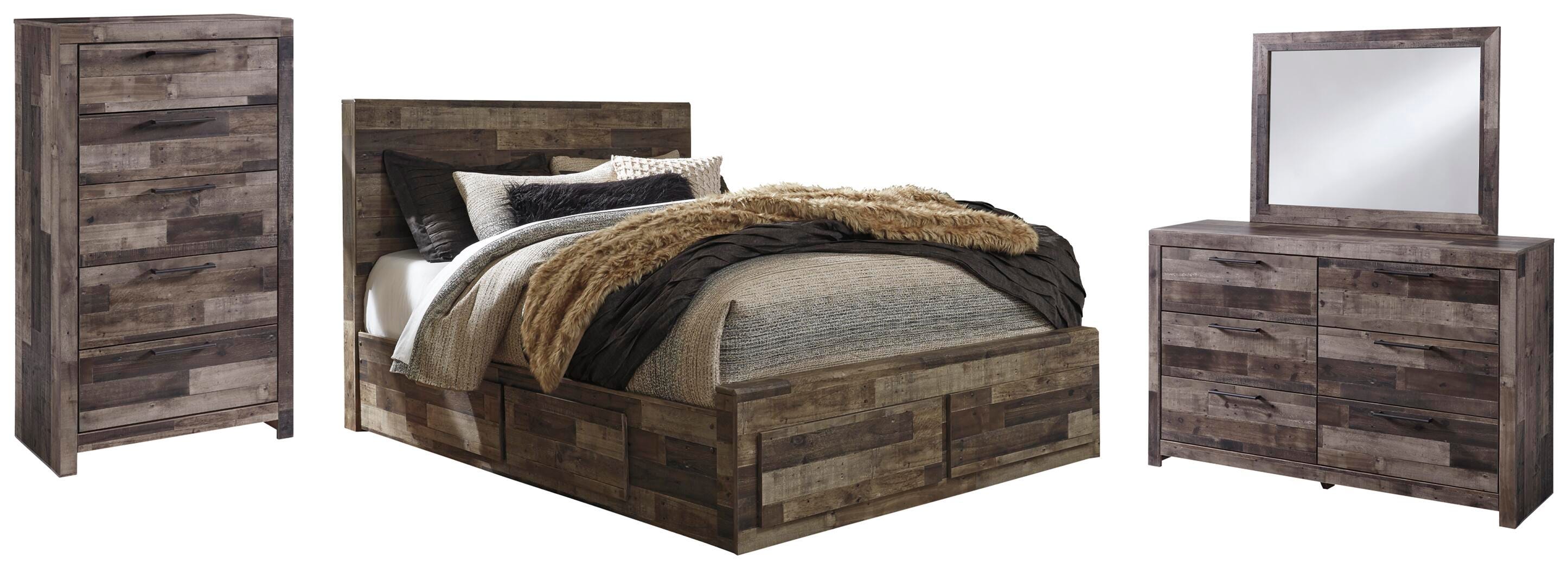 Derekson Panel Bed with 6 Storage Drawers with Mirrored Dresser and Chest
