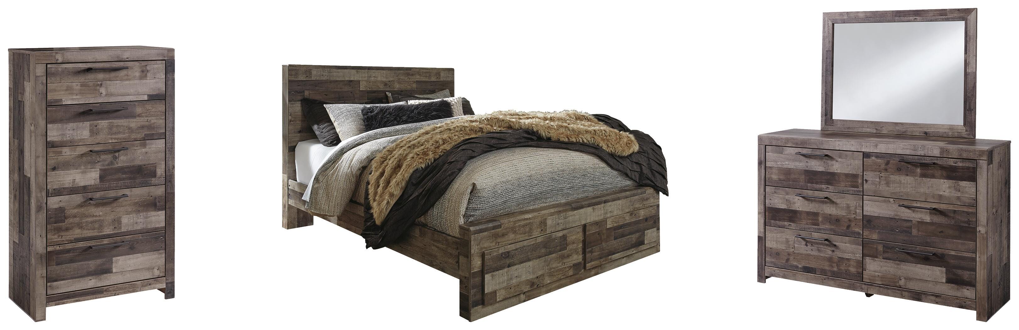 Derekson Panel Bed with 2 Storage Drawers with Mirrored Dresser and Chest