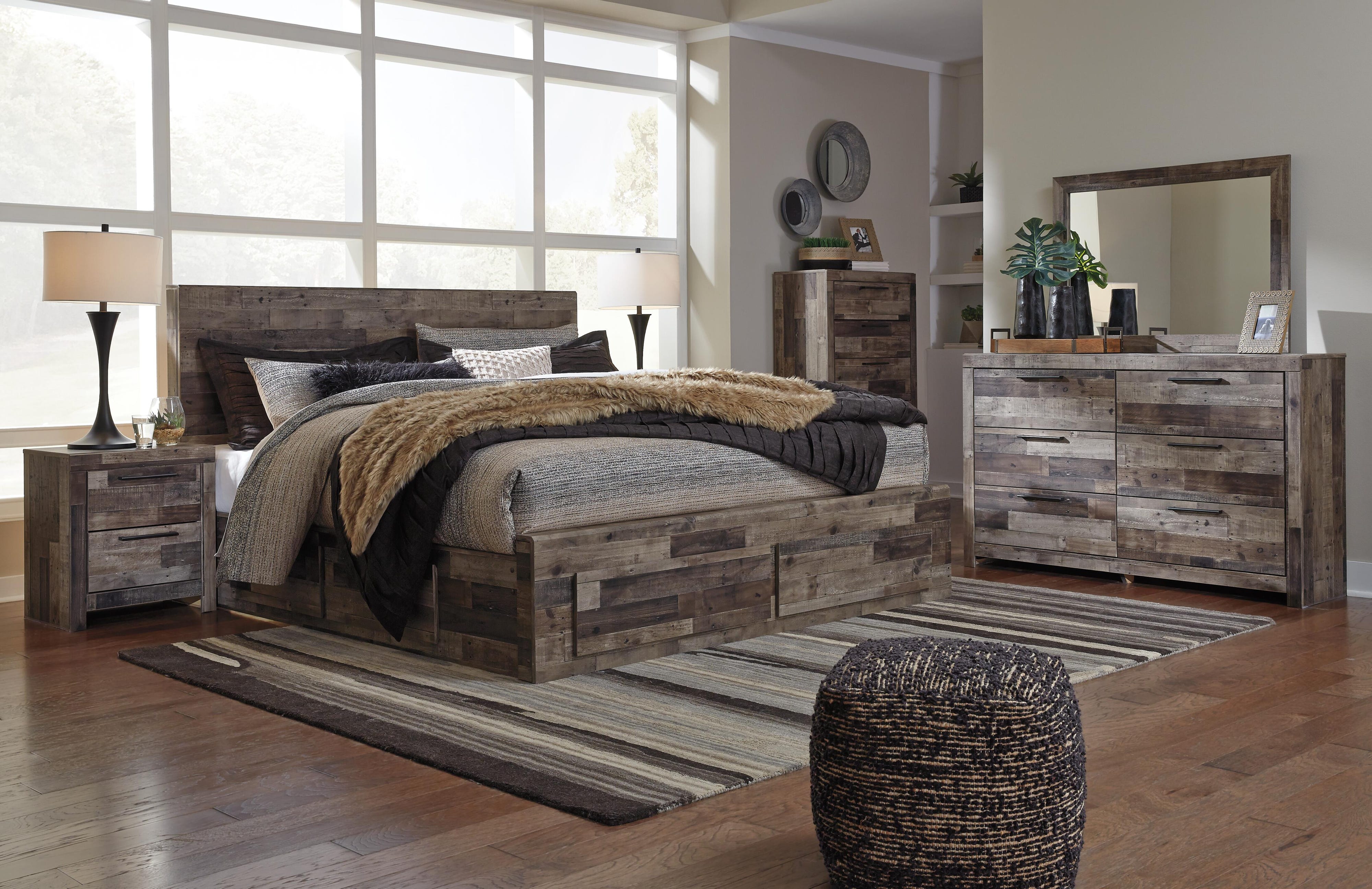 Derekson Panel Bed with 4 Storage Drawers with Mirrored Dresser, Chest and Nightstand