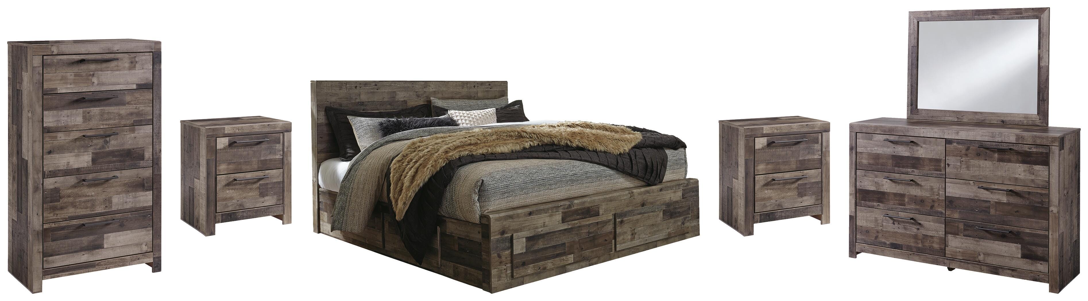 Derekson Panel Bed with 6 Storage Drawers with Mirrored Dresser, Chest and 2 Nightstands
