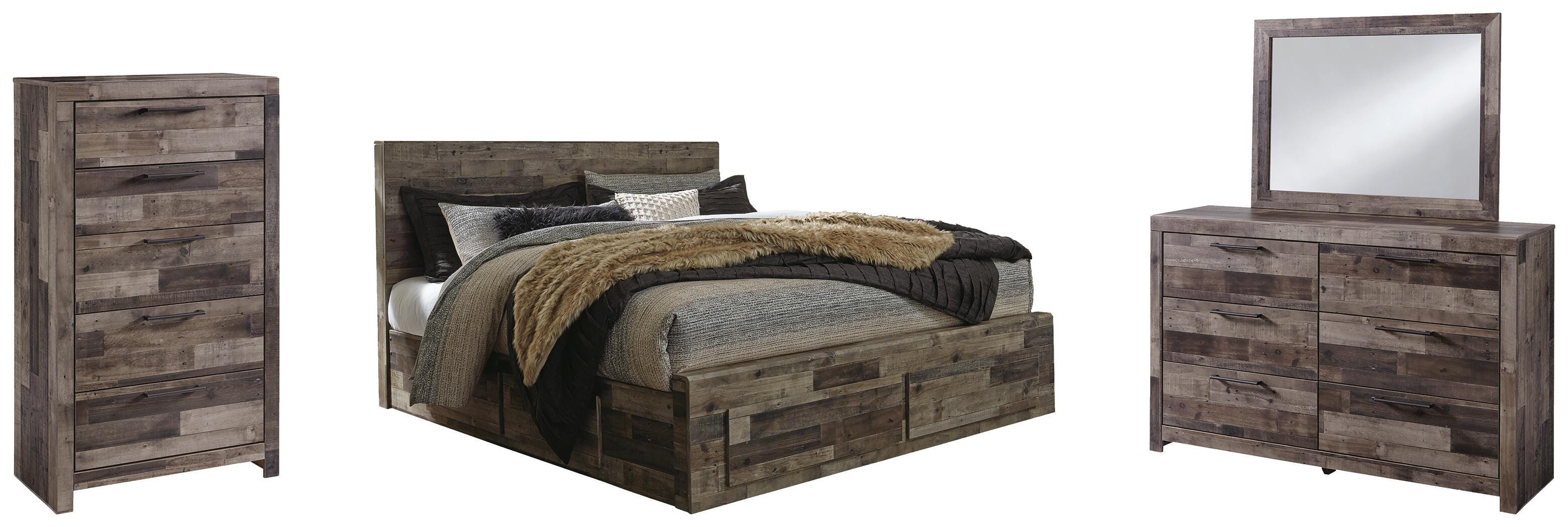 Derekson Panel Bed with 6 Storage Drawers with Mirrored Dresser and Chest