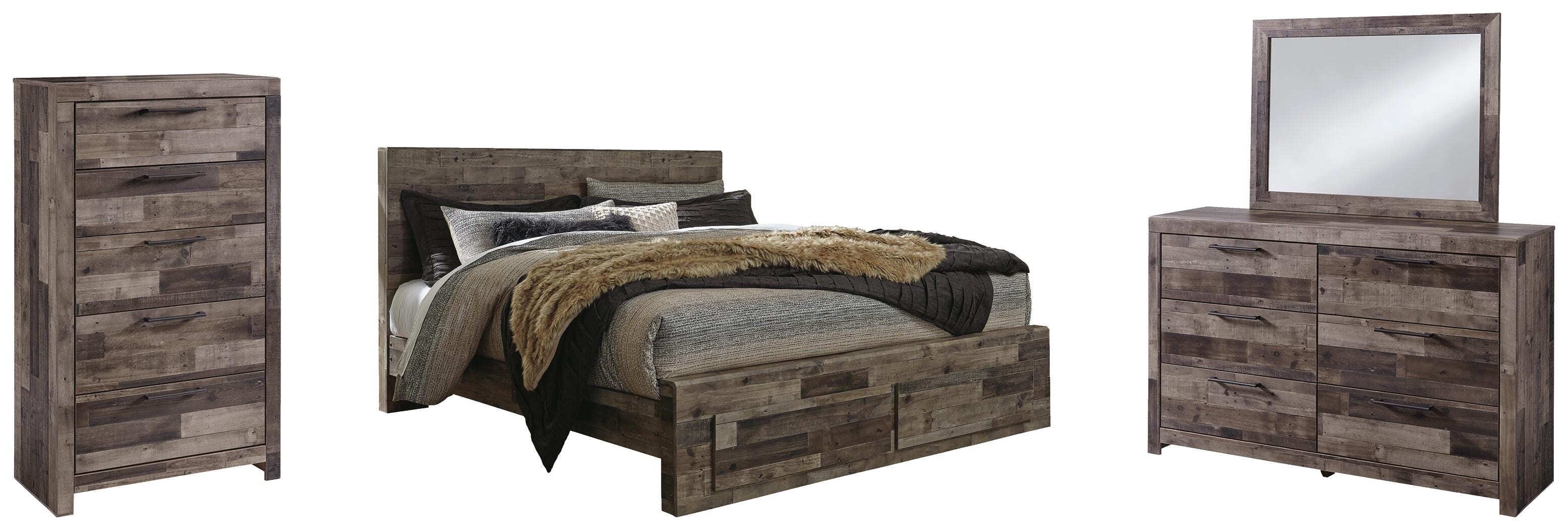 Derekson Panel Bed with 2 Storage Drawers with Mirrored Dresser and Chest
