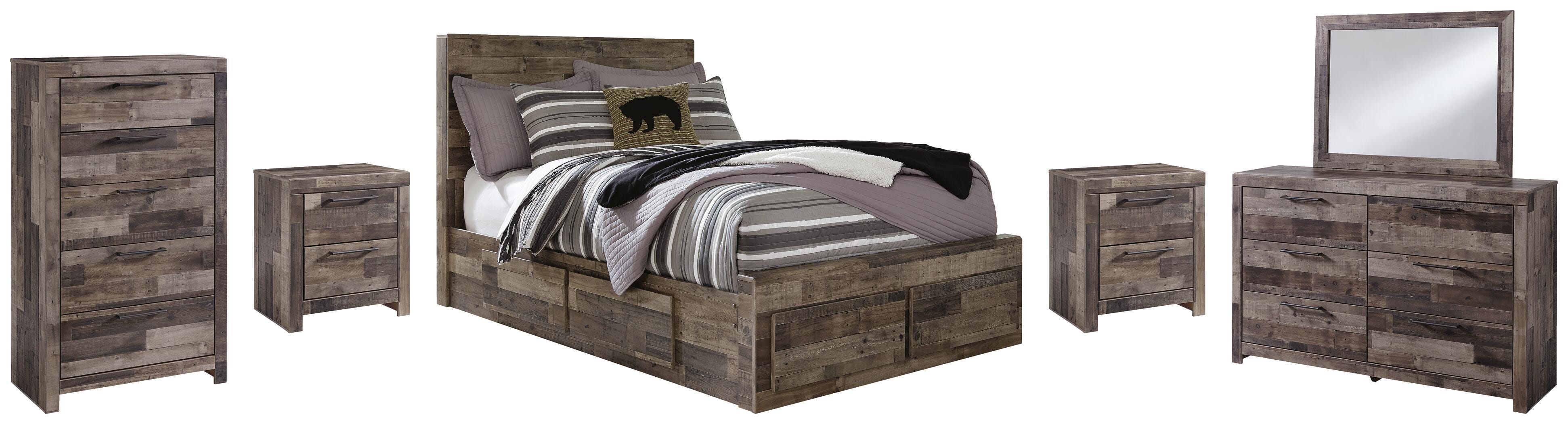 Derekson Panel Bed with 6 Storage Drawers with Mirrored Dresser, Chest and 2 Nightstands