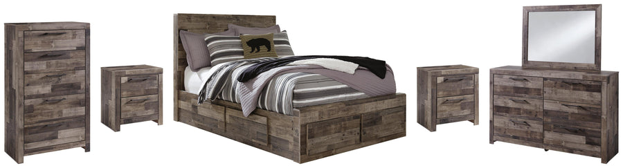 Derekson Panel Bed with 6 Storage Drawers with Mirrored Dresser, Chest and 2 Nightstands