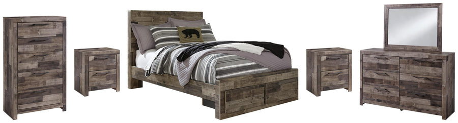 Derekson Panel Bed with 2 Storage Drawers with Mirrored Dresser, Chest and 2 Nightstands