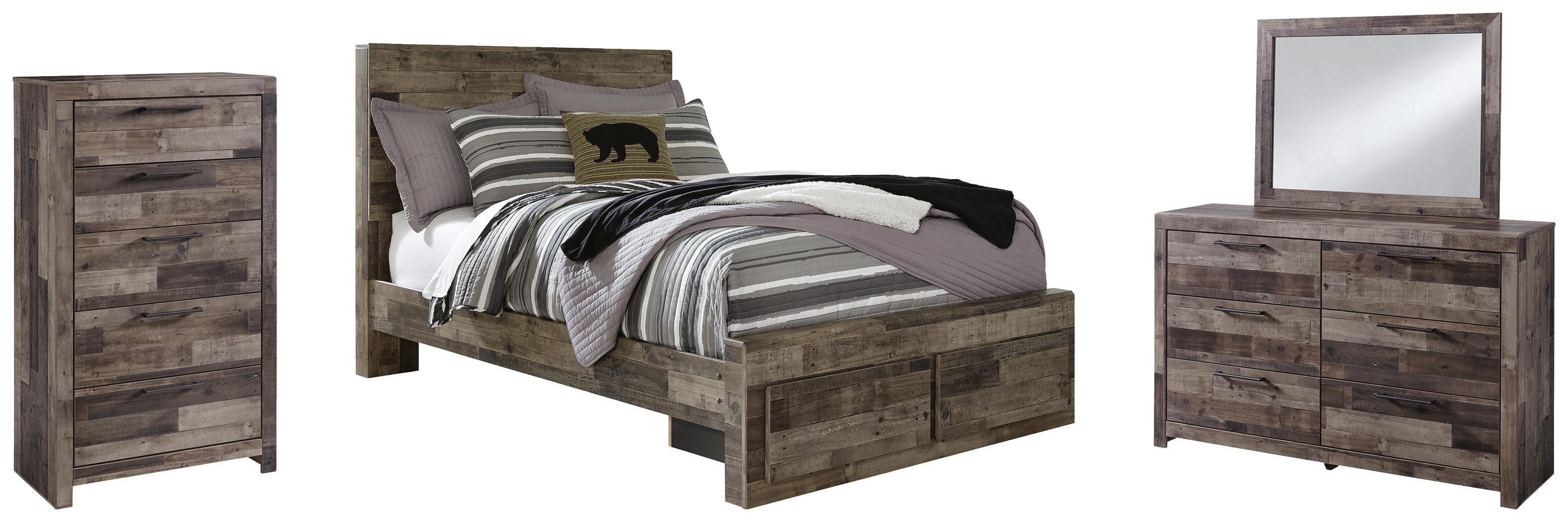 Derekson Panel Bed with 2 Storage Drawers with Mirrored Dresser and Chest