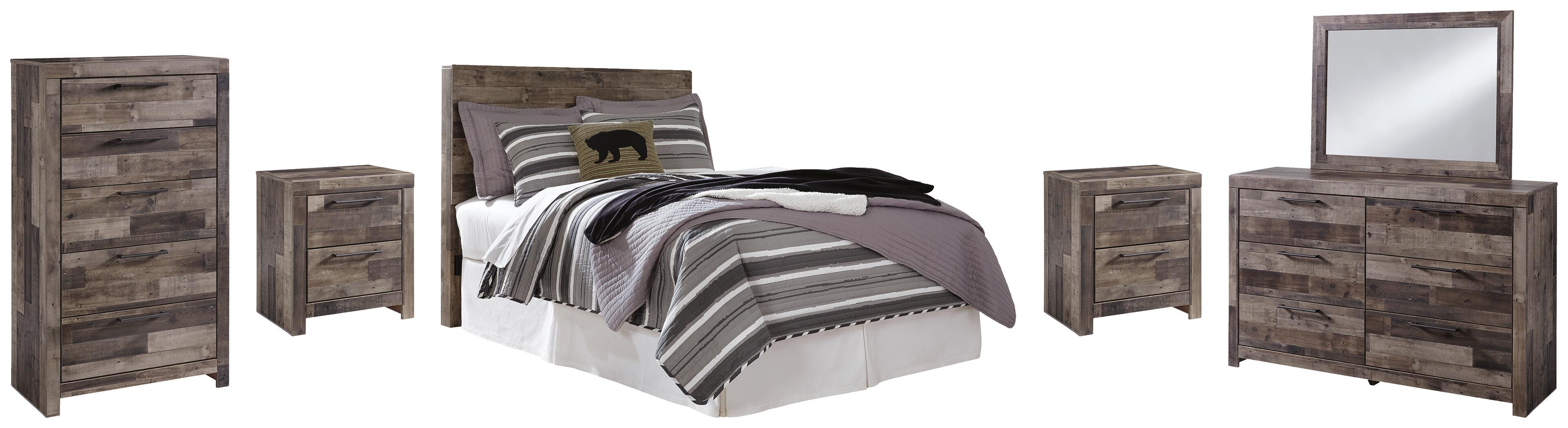 Derekson Panel Headboard with Mirrored Dresser, Chest and 2 Nightstands