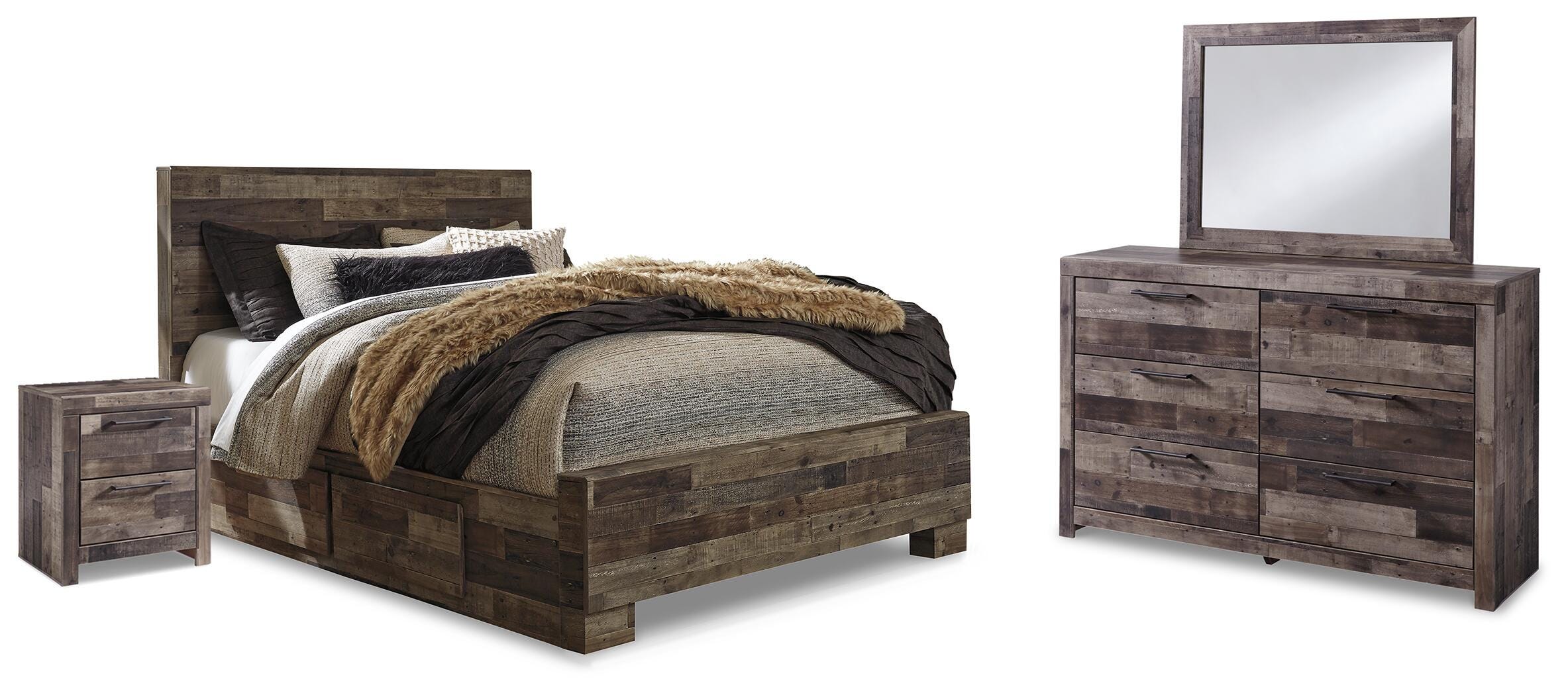 Derekson Panel Bed with 2 Storage Drawers, Dresser, Mirror and 2 Nightstands
