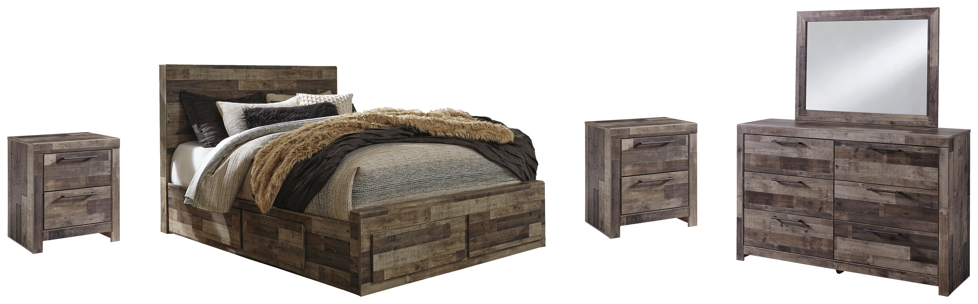 Derekson Panel Bed with 4 Storage Drawers with Mirrored Dresser and 2 Nightstands