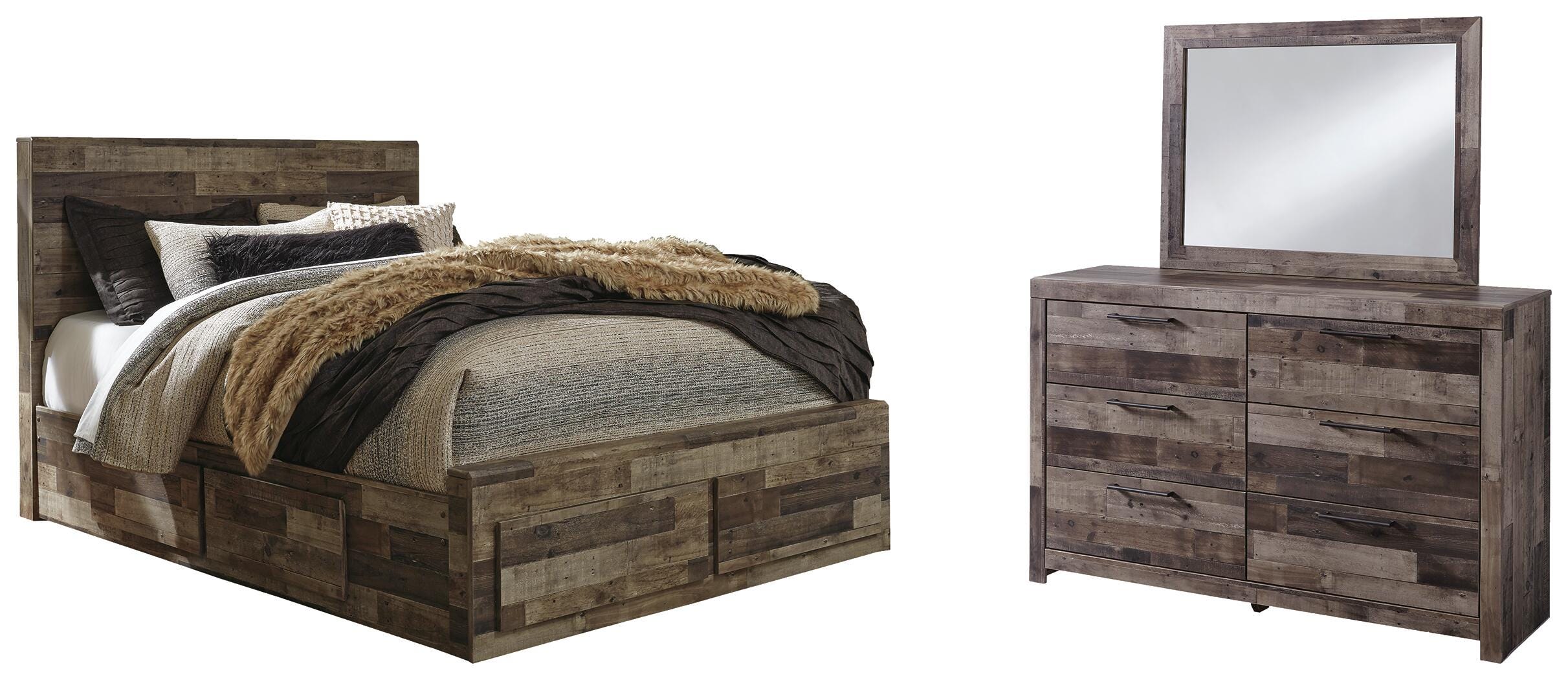 Derekson Panel Bed with 4 Storage Drawers with Mirrored Dresser