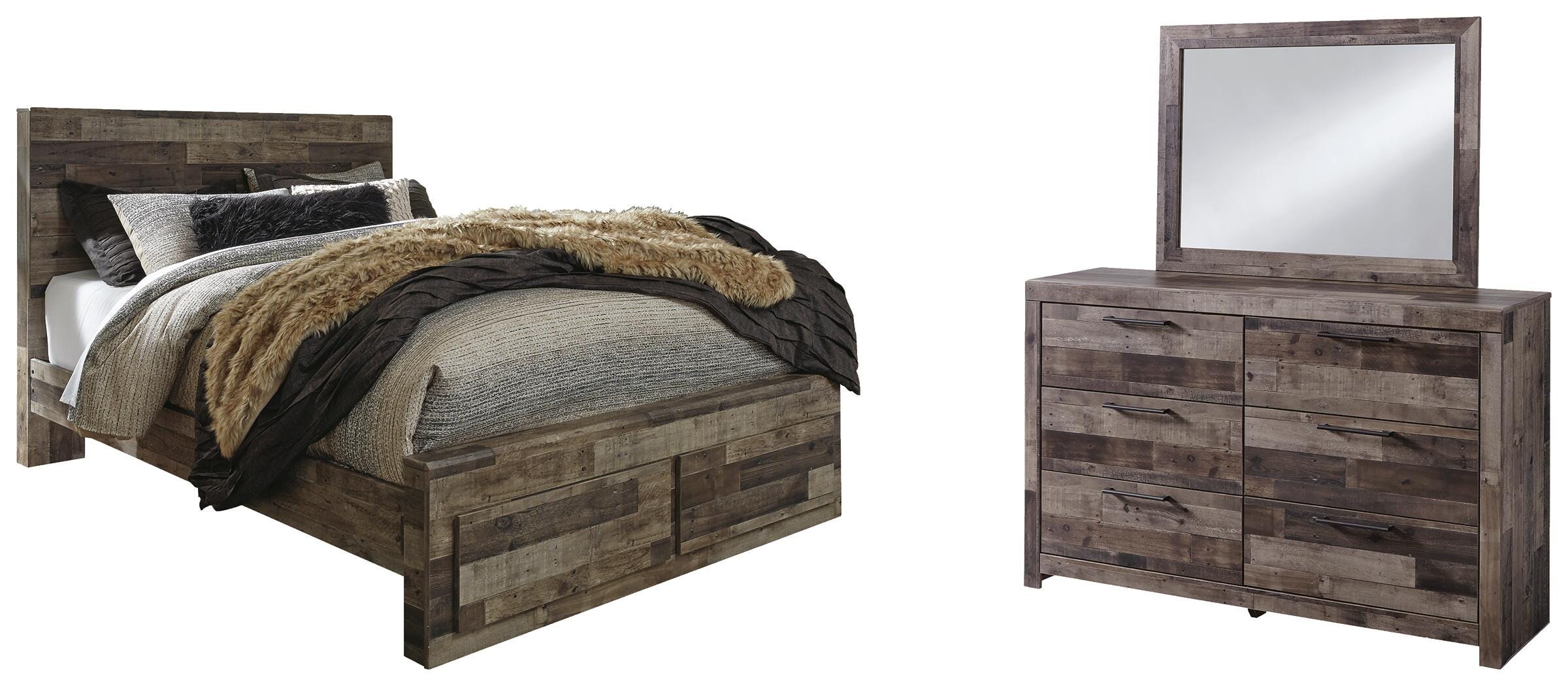 Derekson Panel Bed with 2 Storage Drawers with Mirrored Dresser