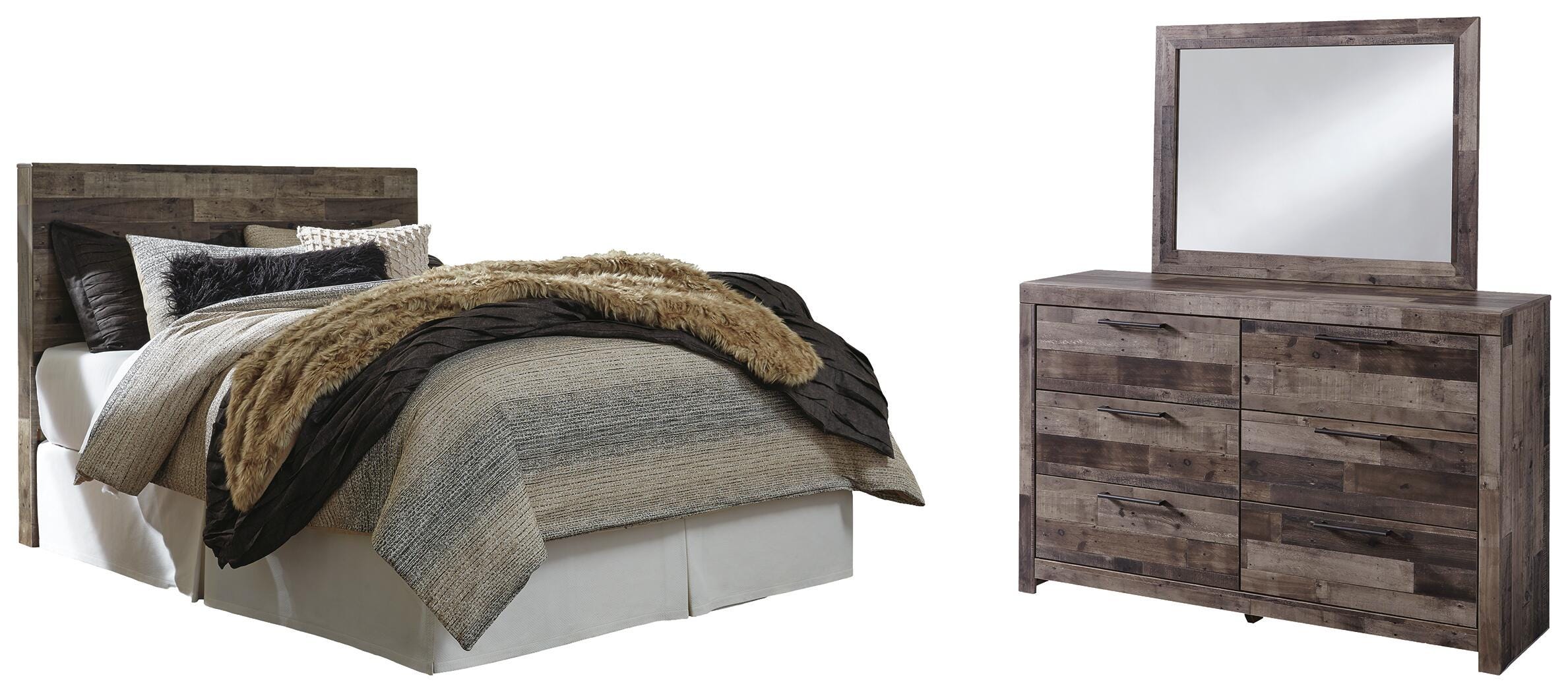 Derekson Panel Headboard with Mirrored Dresser