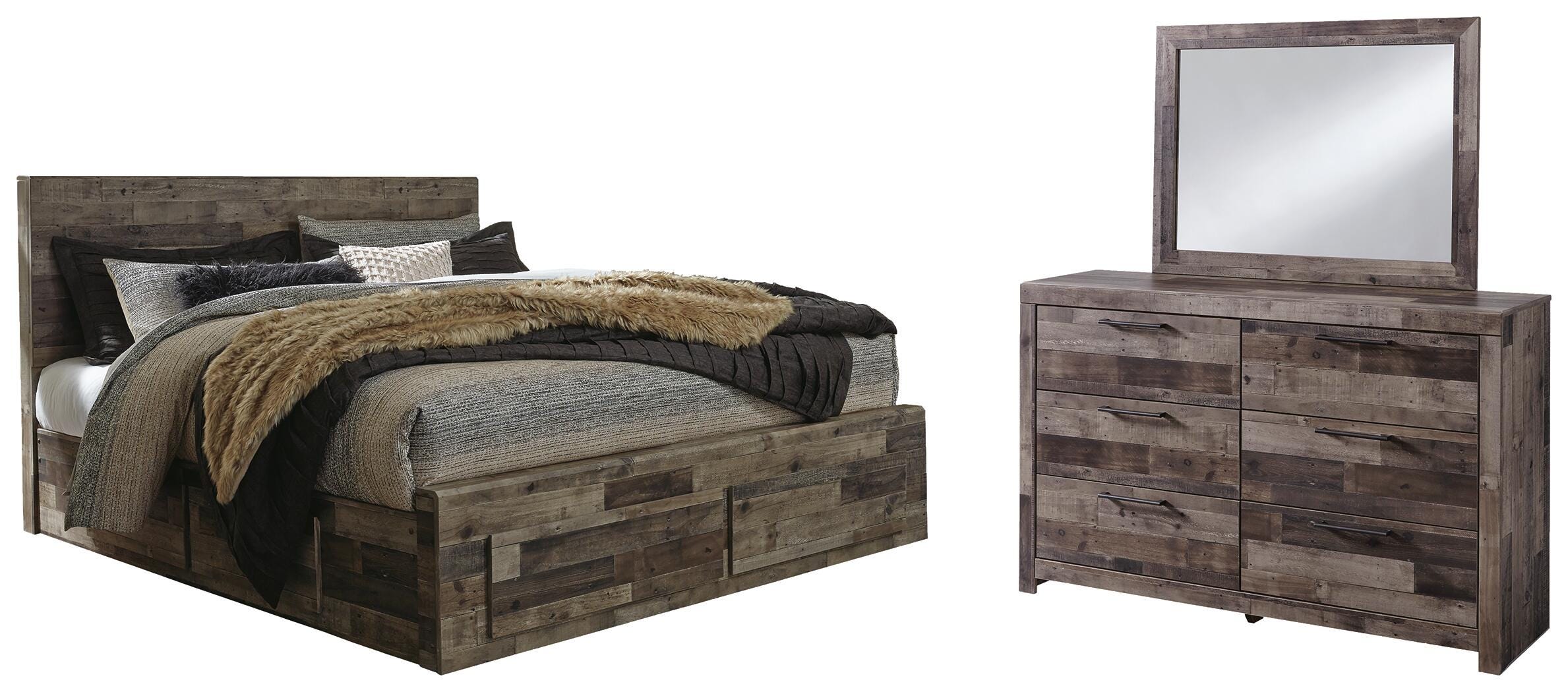 Derekson Panel Bed with 4 Storage Drawers with Mirrored Dresser