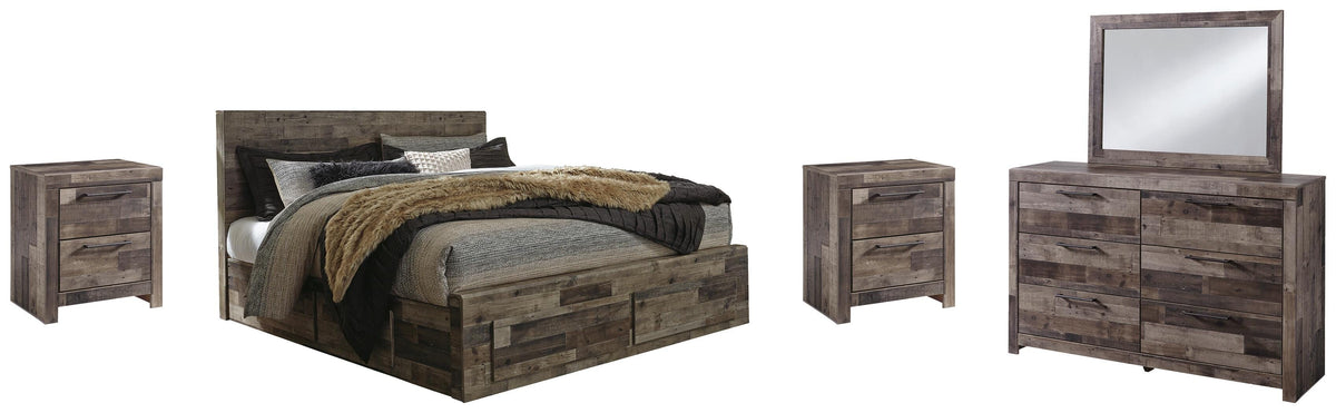 Derekson Panel Bed with 6 Storage Drawers with Mirrored Dresser and 2 Nightstands