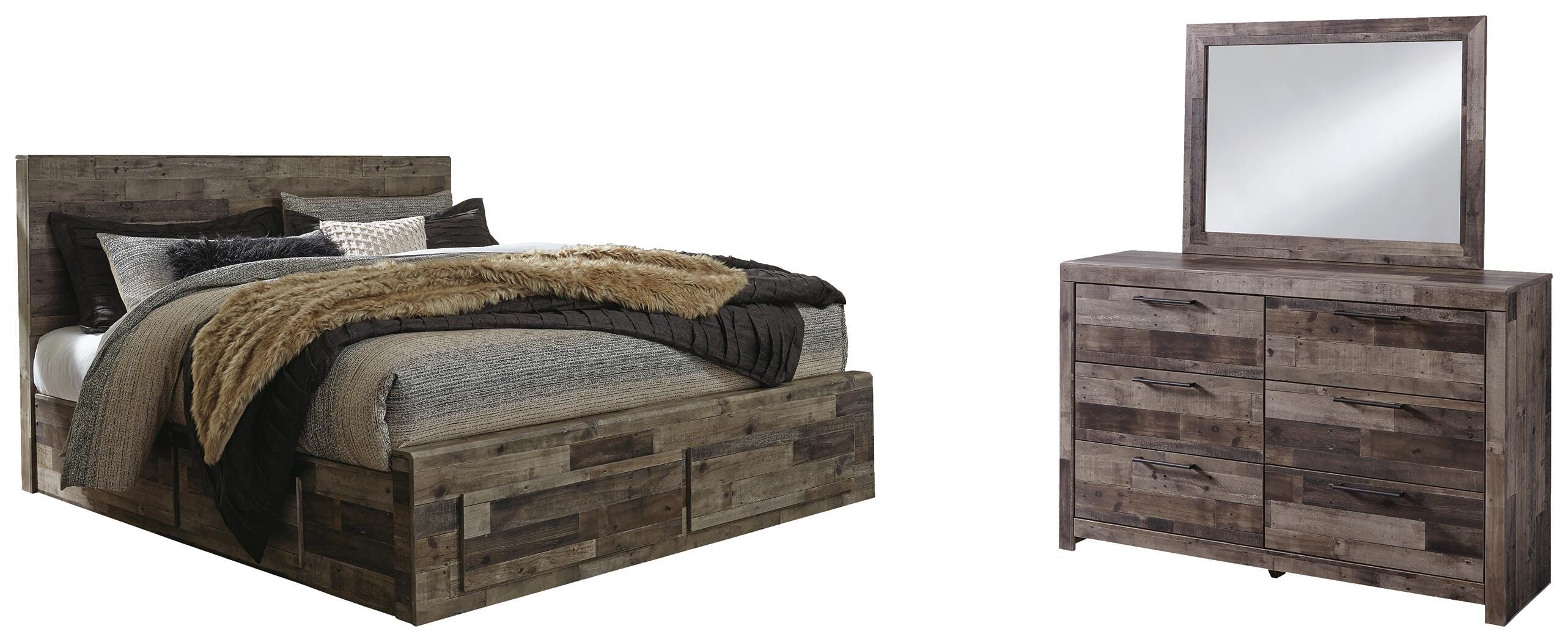 Derekson Panel Bed with 6 Storage Drawers with Mirrored Dresser