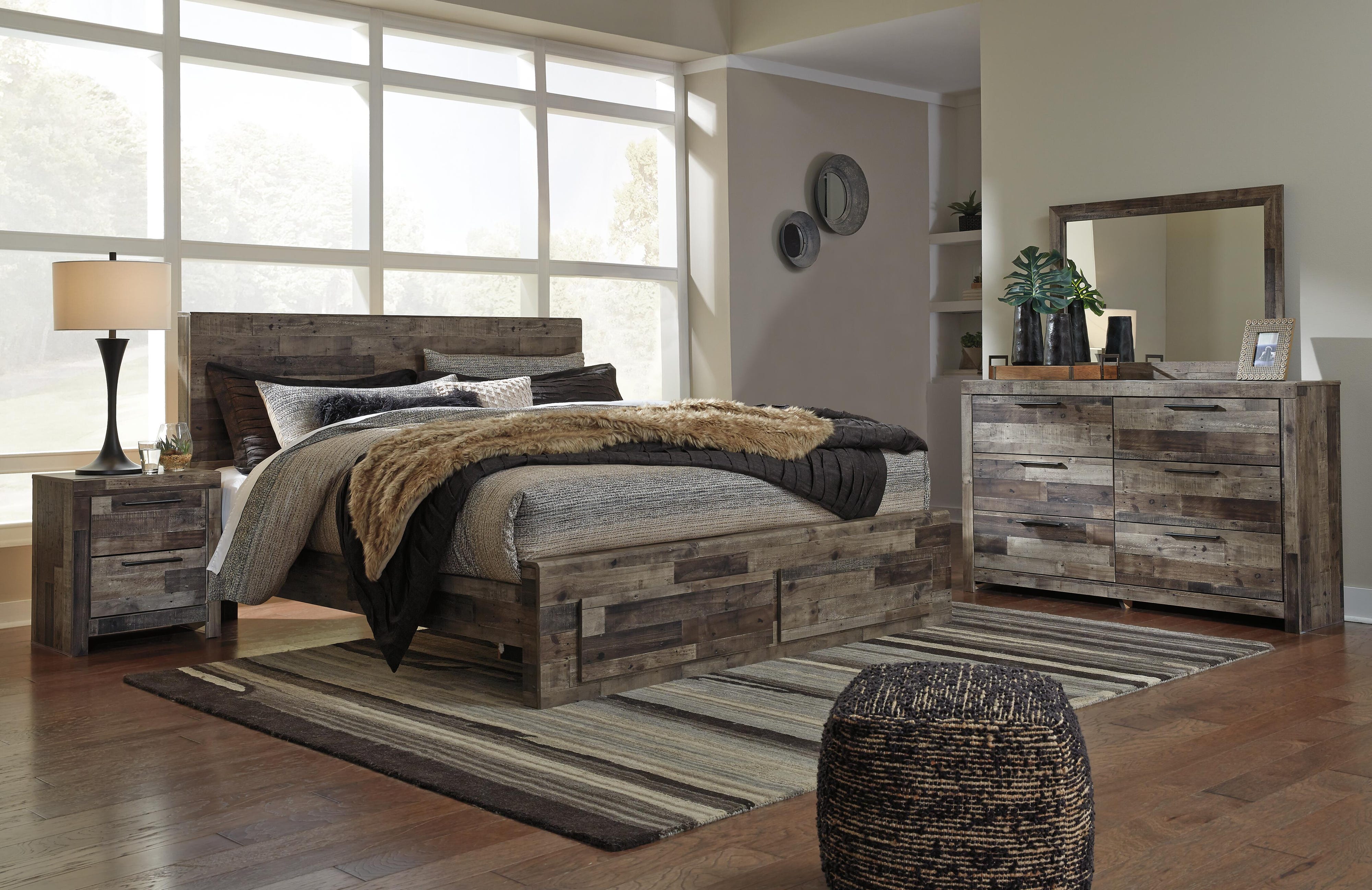 Derekson Panel Bed with 2 Storage Drawers with Mirrored Dresser and Nightstand