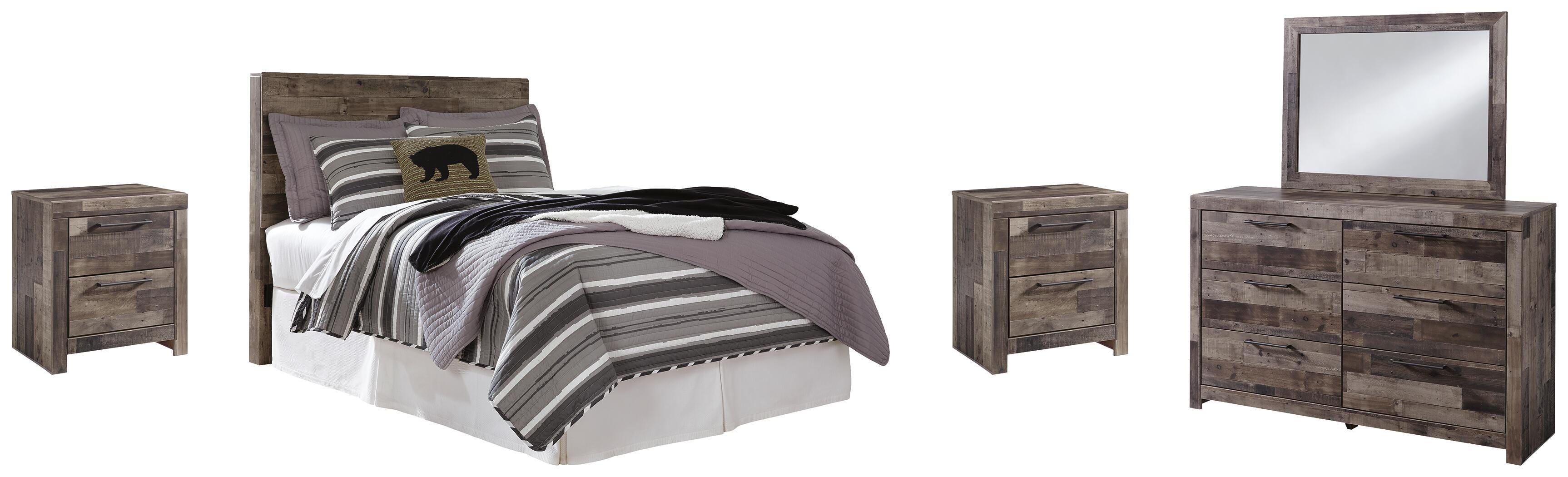 Derekson Panel Headboard with Mirrored Dresser and 2 Nightstands