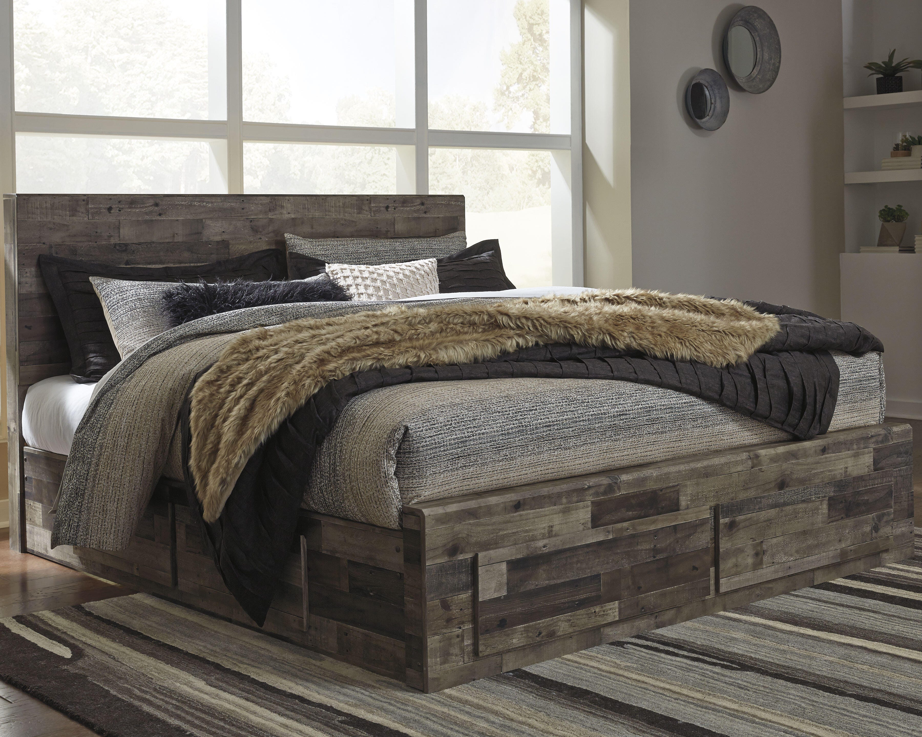 Derekson Panel Bed with 4 Storage Drawers with Mirrored Dresser and Chest