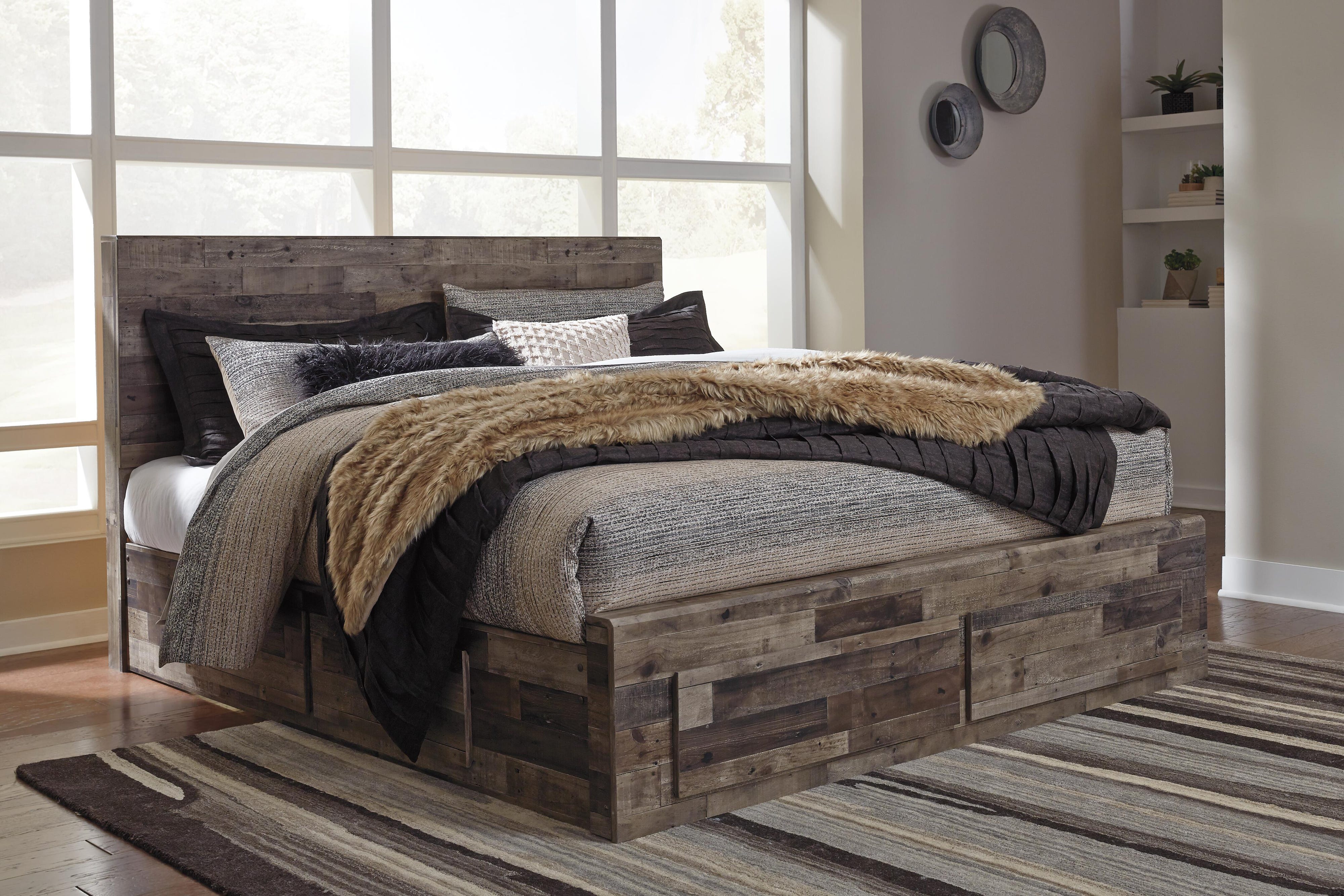 Derekson Panel Bed with 6 Storage Drawers with Mirrored Dresser and Chest