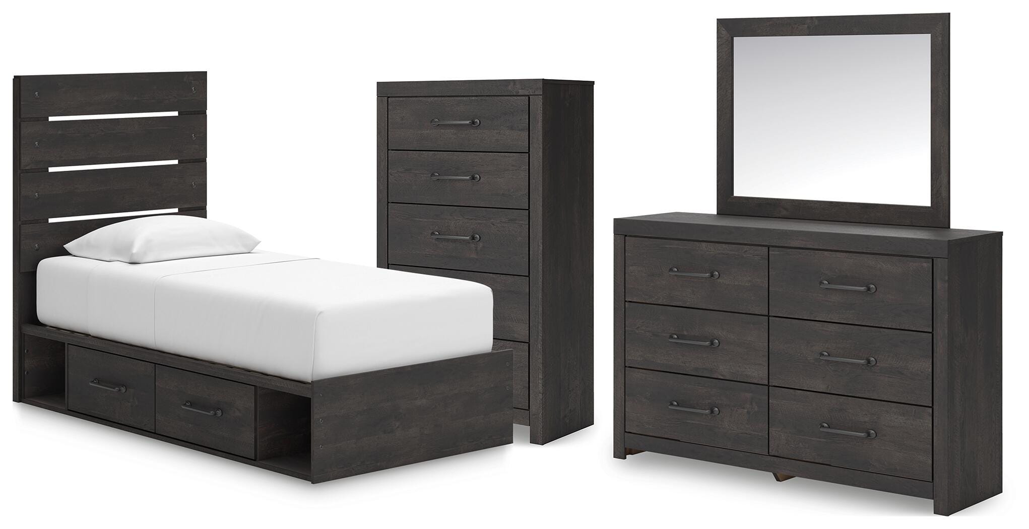 Hollivern Panel Bed with Storage, Dresser, Mirror and Chest