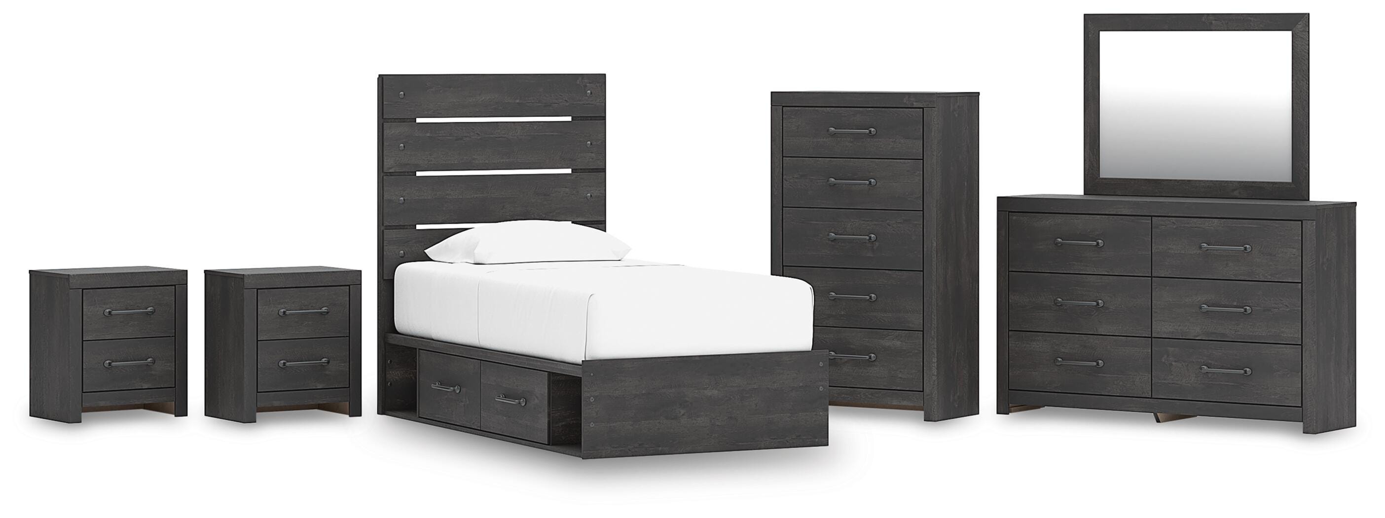 Hollivern Panel Storage Bed, Dresser, Mirror, Chest and 2 Nightstands