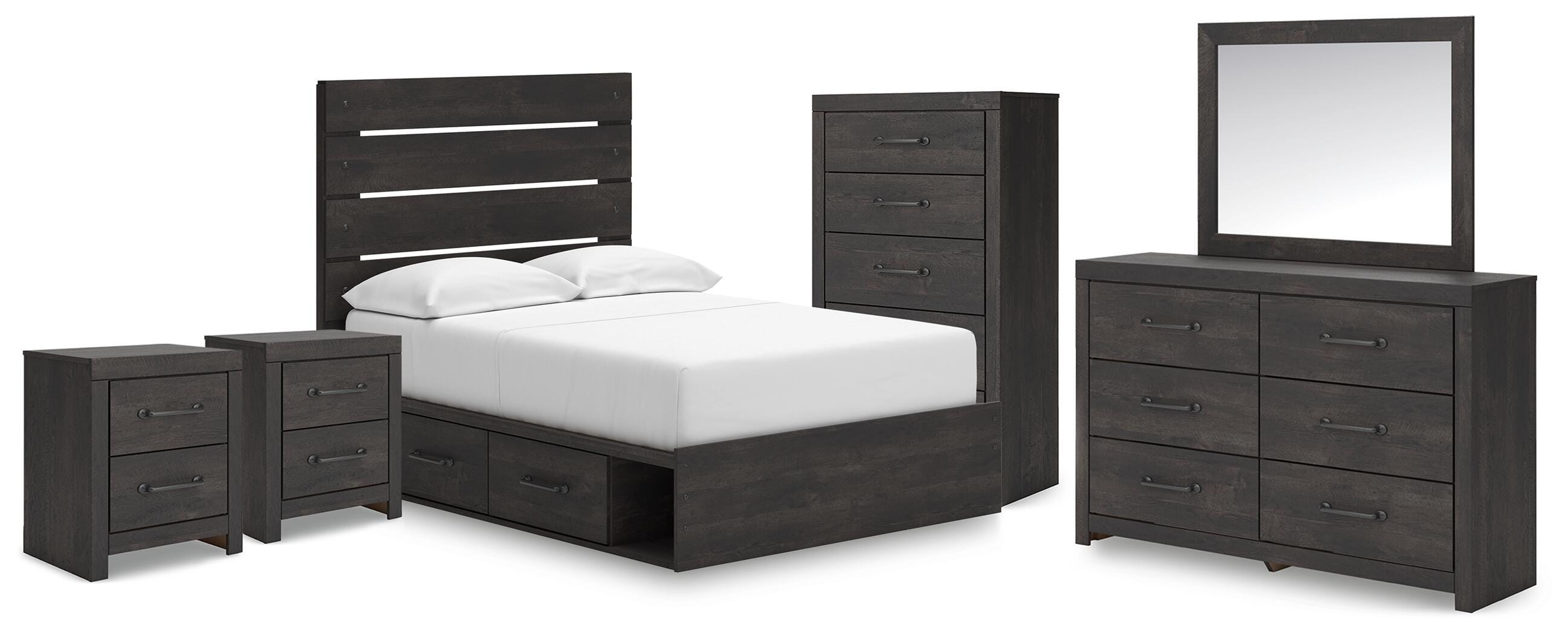 Hollivern Panel Storage Bed, Dresser, Mirror, Chest and 2 Nightstands