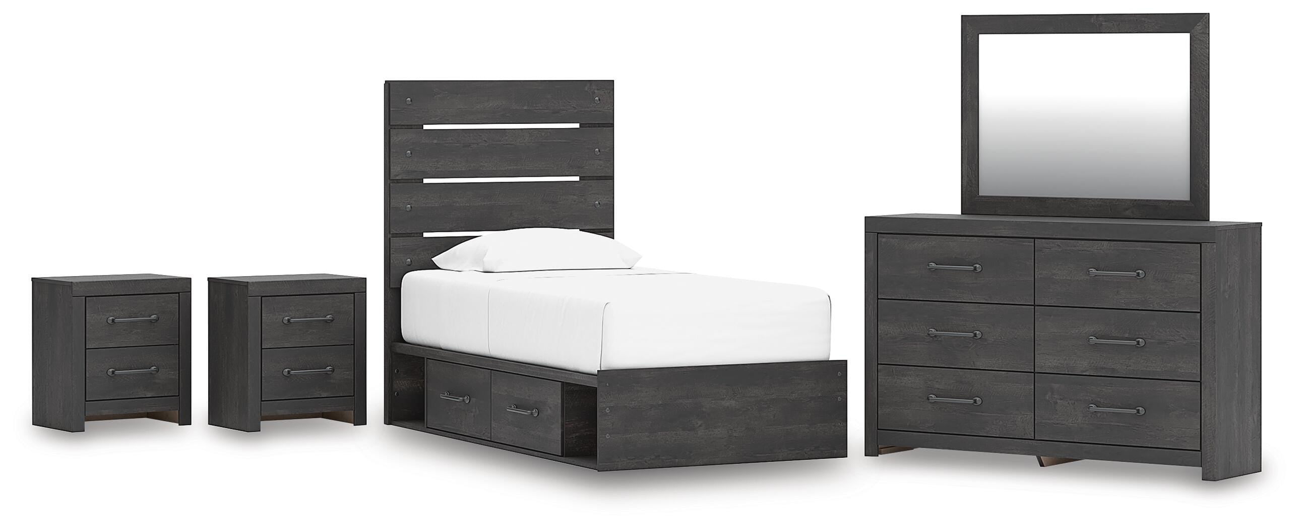 Hollivern Panel Storage Bed, Dresser, Mirror and 2 Nightstands