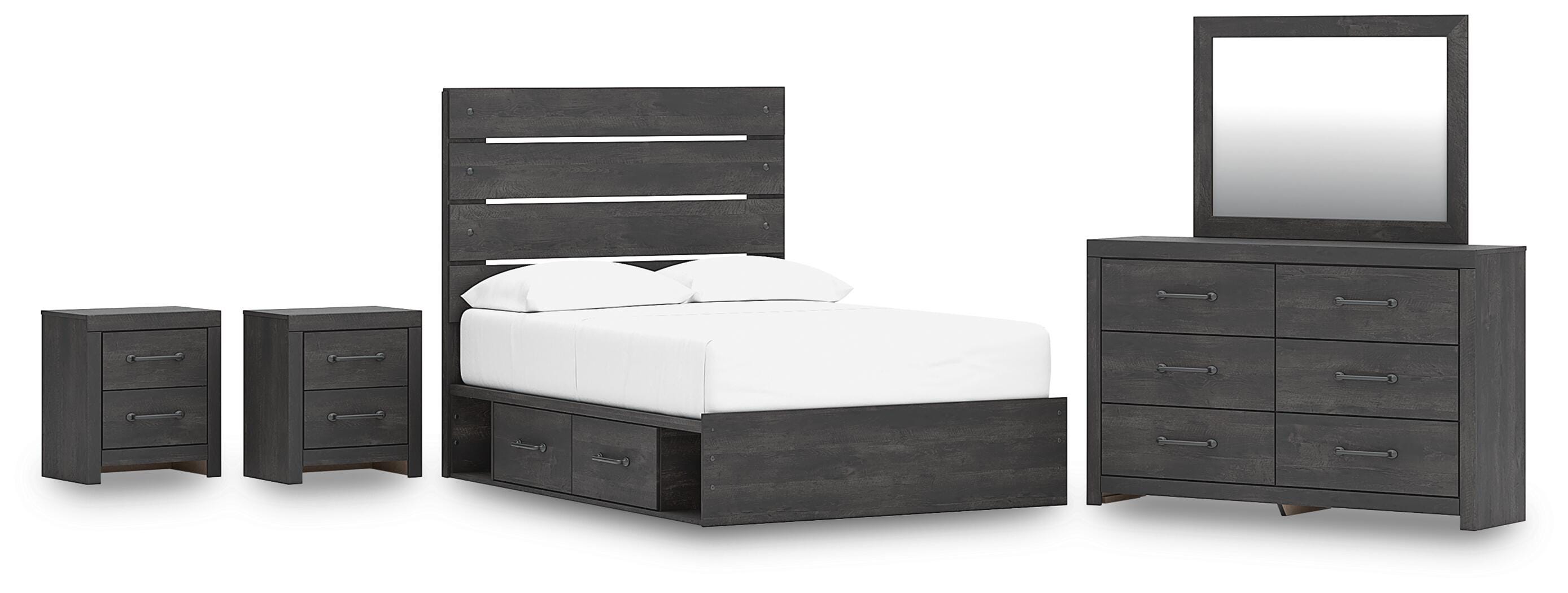 Hollivern Panel Storage Bed, Dresser, Mirror and 2 Nightstands