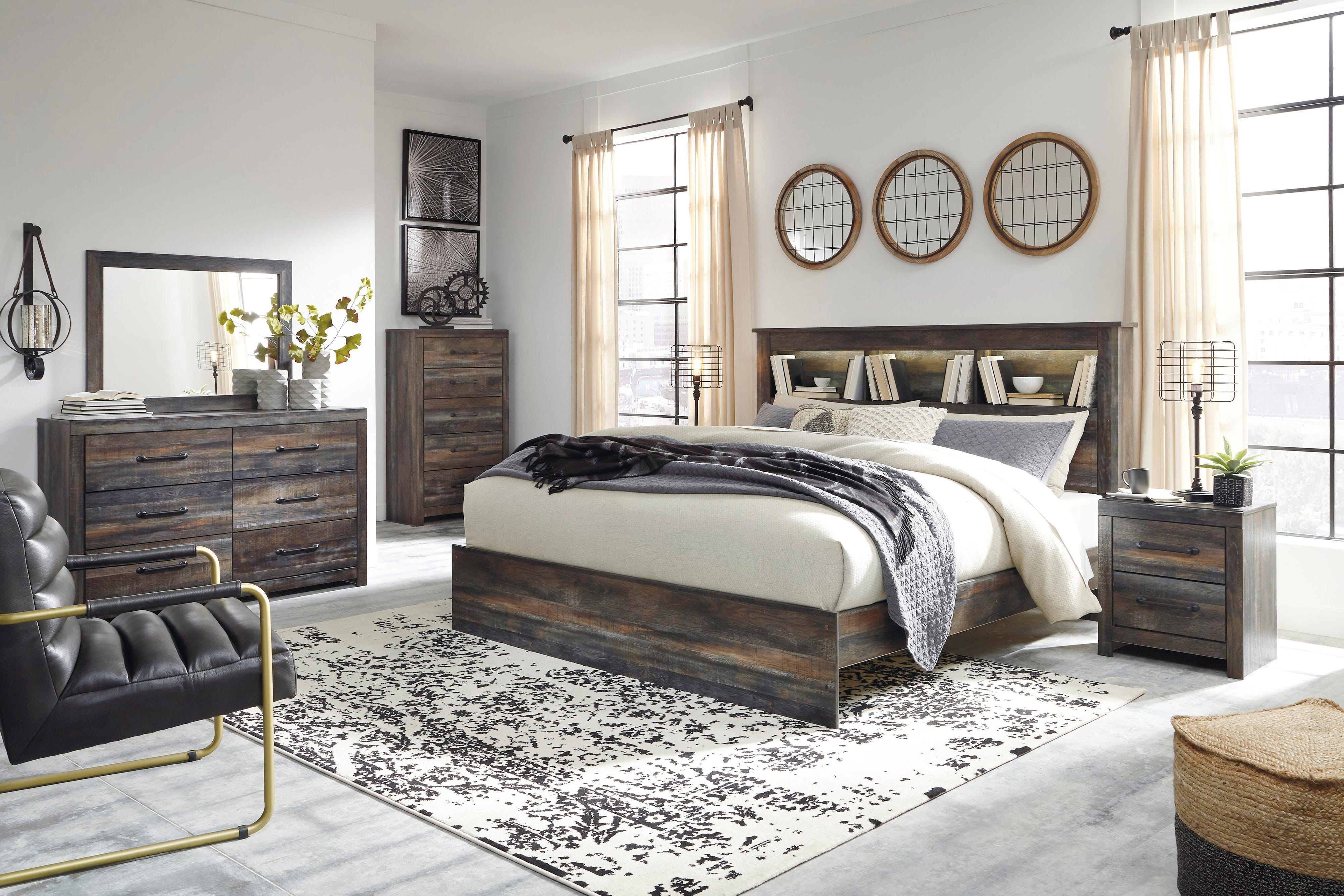Drystan Bookcase Panel Bed, Dresser and Nightstand