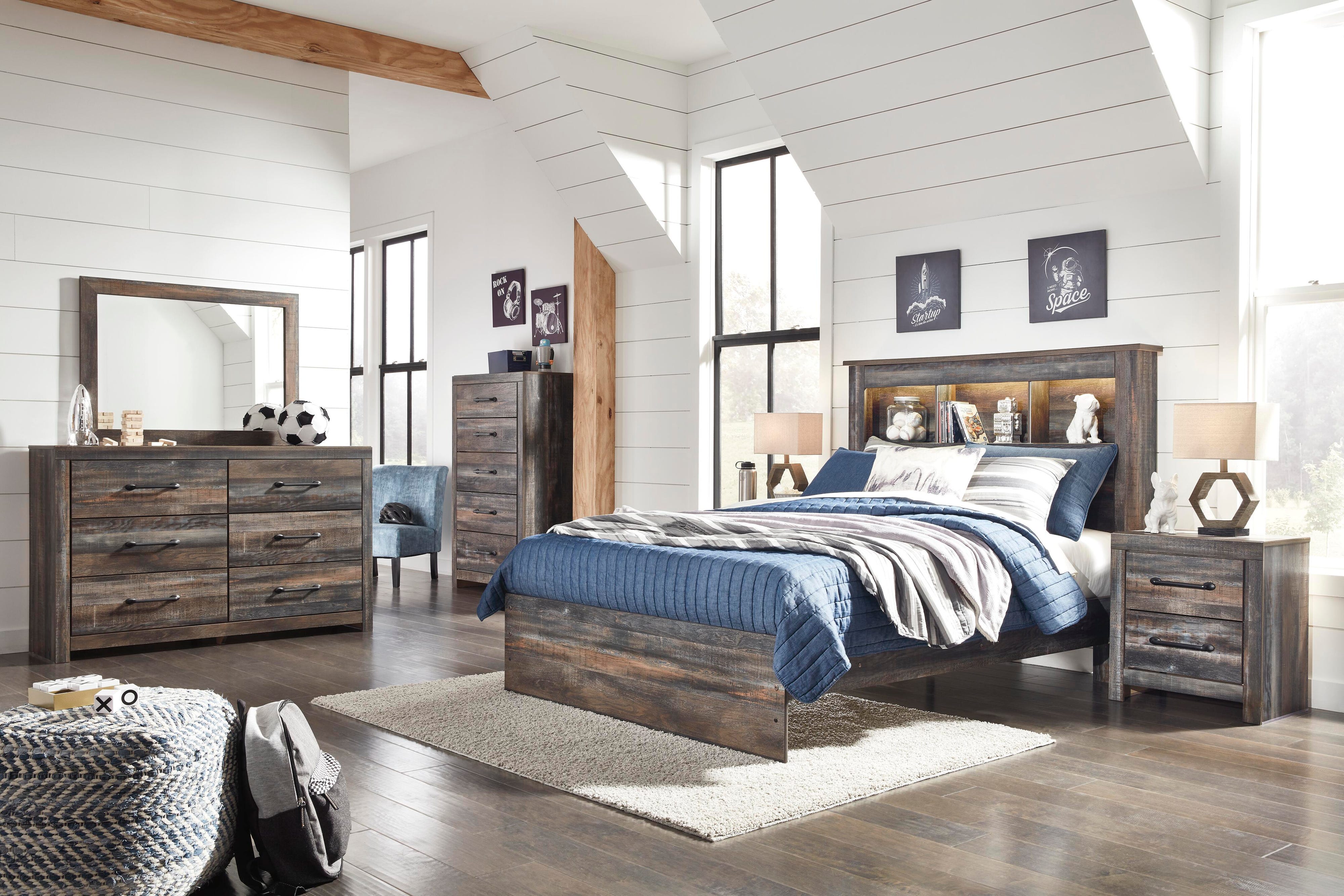 Drystan Bookcase Panel Bed, Dresser and Nightstand