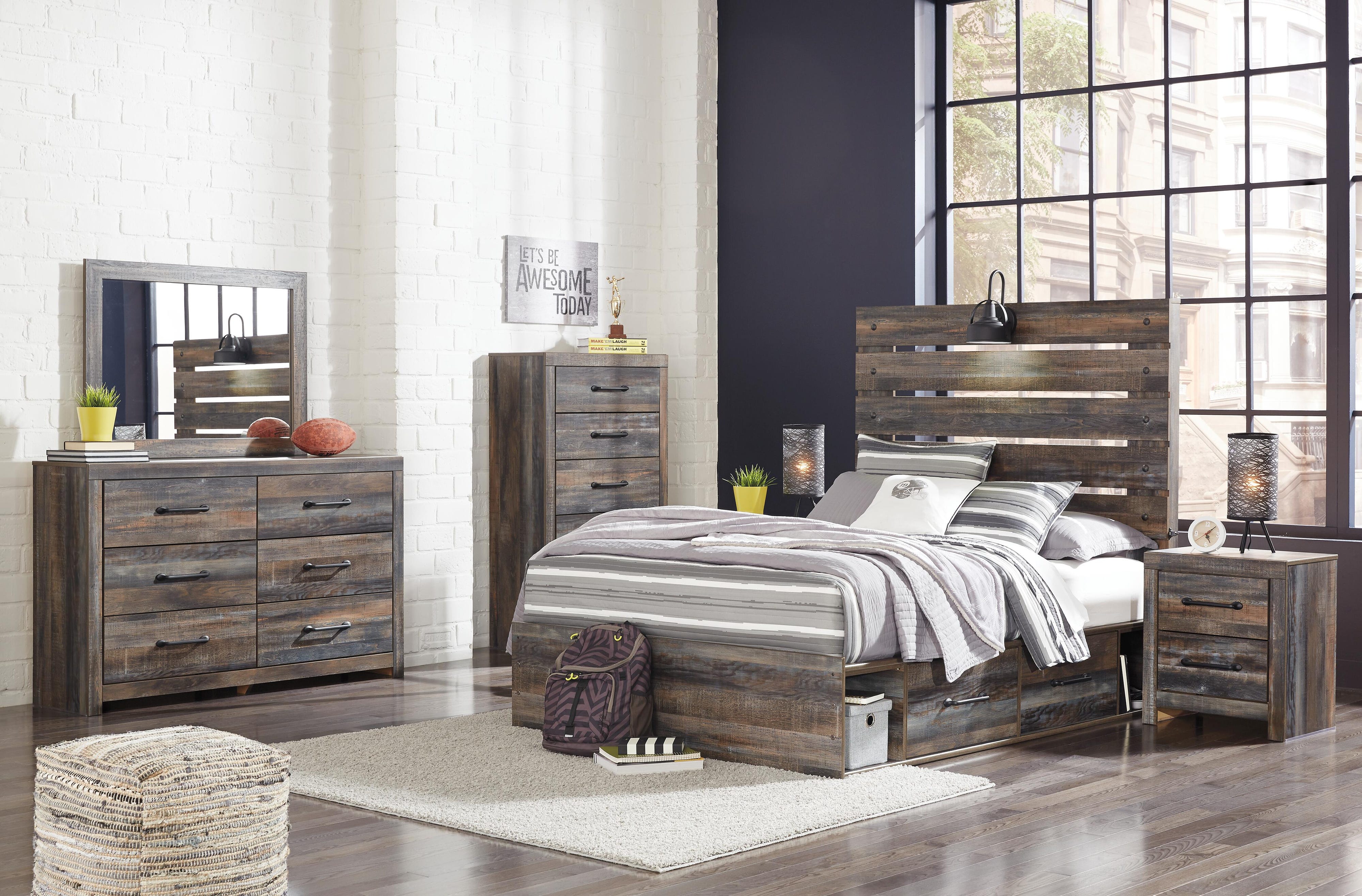 Drystan Panel Bed with 2 Storage Drawers with Mirrored Dresser and 2 Nightstands
