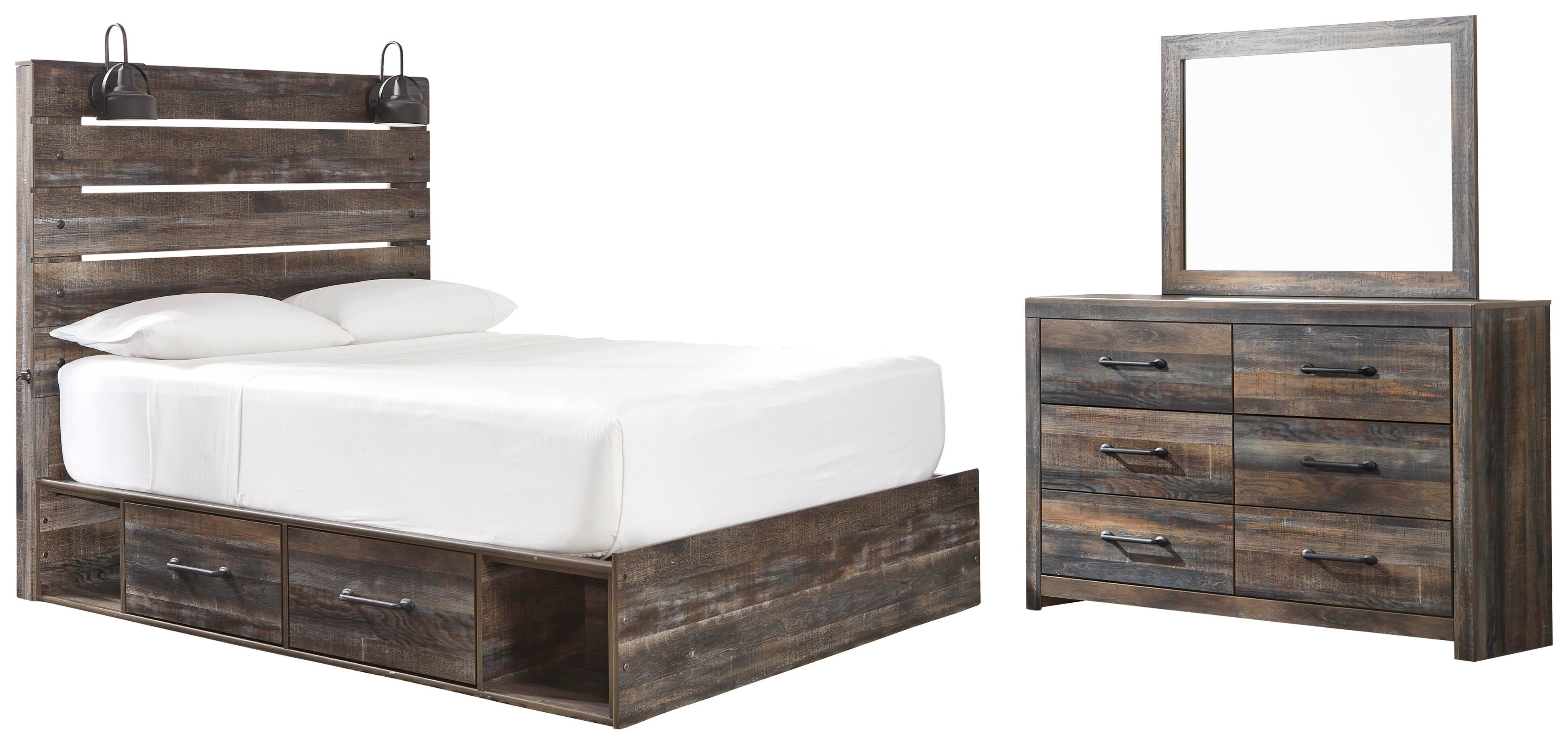Drystan Panel Bed with 2 Storage Drawers with Mirrored Dresser