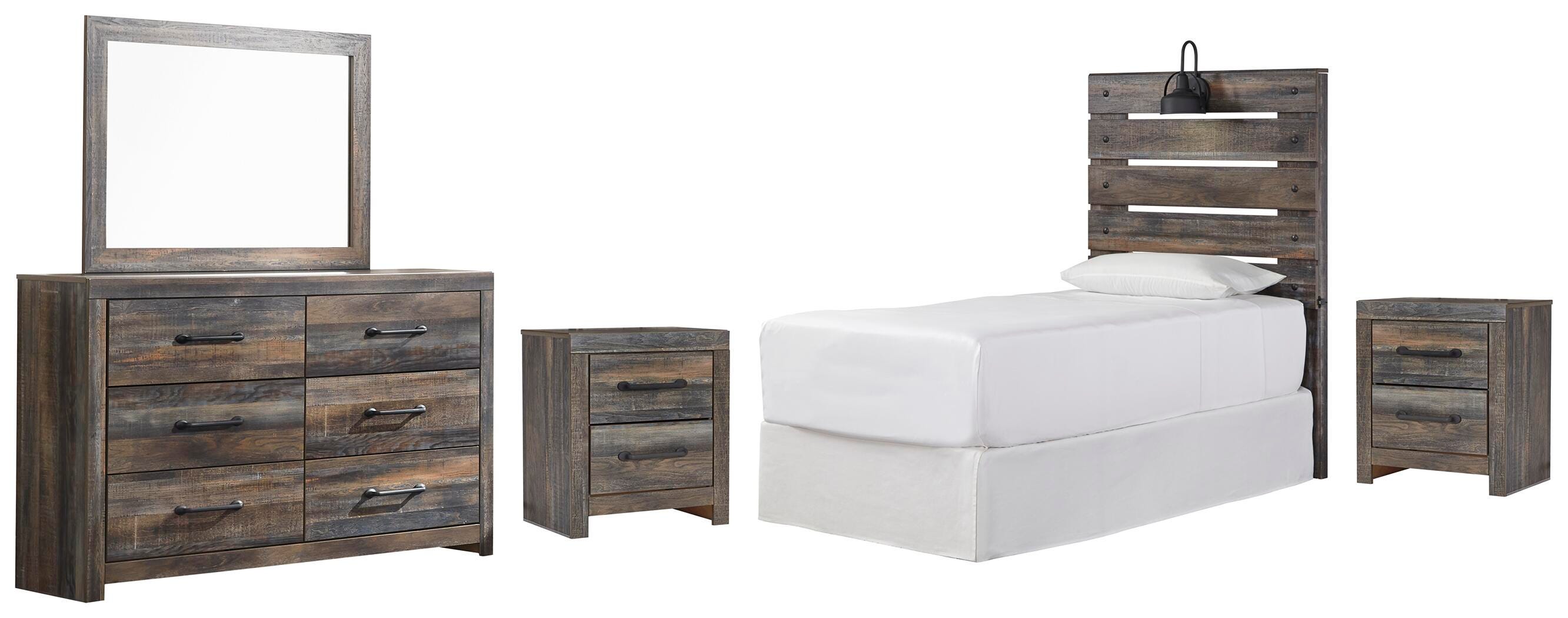 Drystan Panel Headboard with Mirrored Dresser and 2 Nightstands
