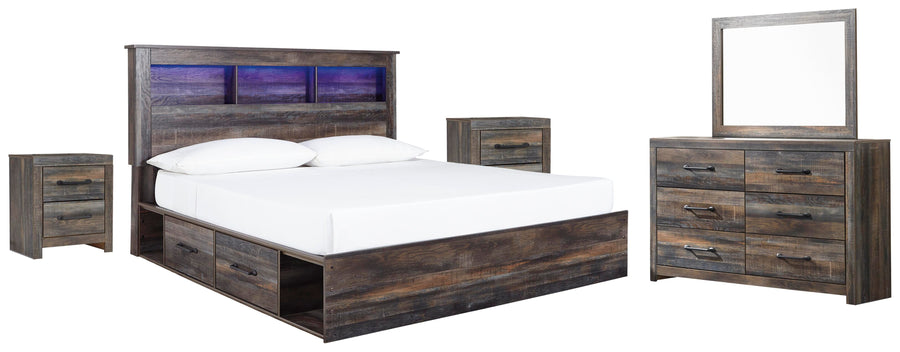Drystan Bookcase Bed with 2 Storage Drawers with Mirrored Dresser and 2 Nightstands