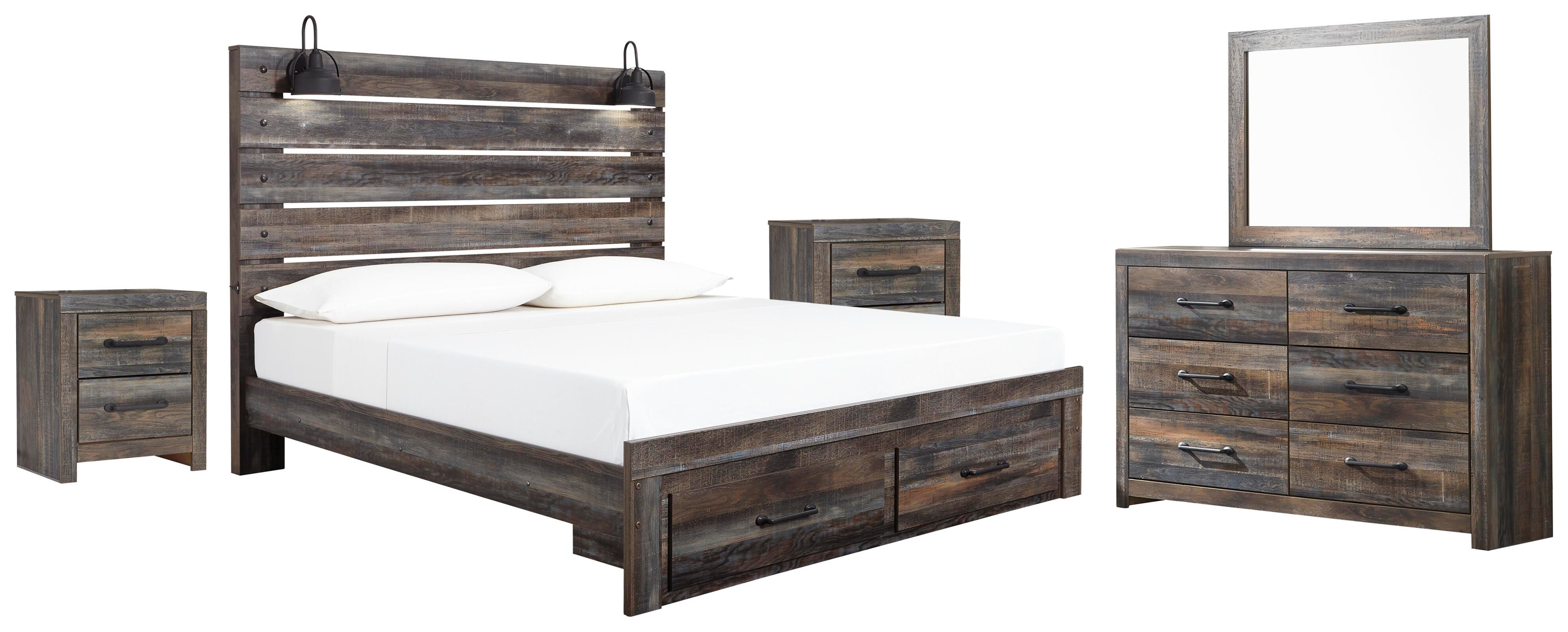 Drystan Panel Bed with Storage with Mirrored Dresser and 2 Nightstands