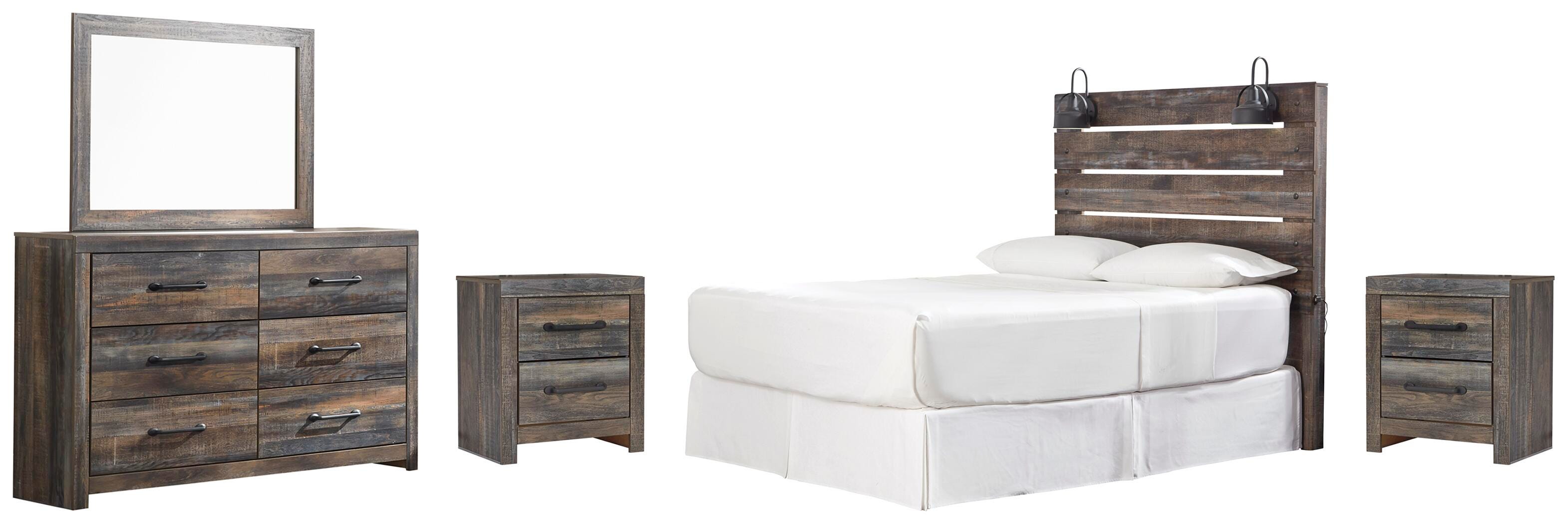 Drystan Panel Headboard with Mirrored Dresser and 2 Nightstands